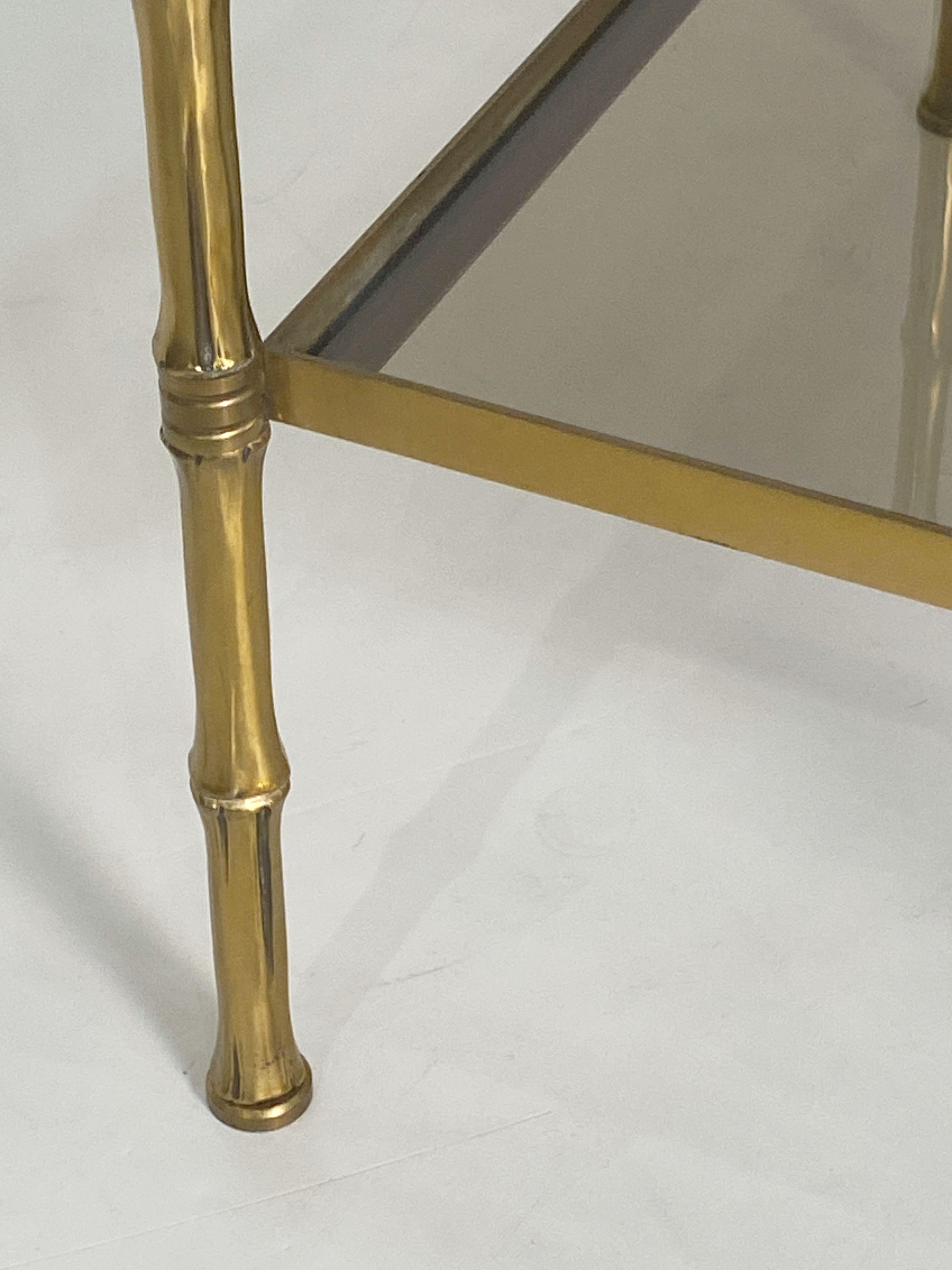 French Two-Tiered Side or End Table of Brass and Smoked Glass For Sale 8
