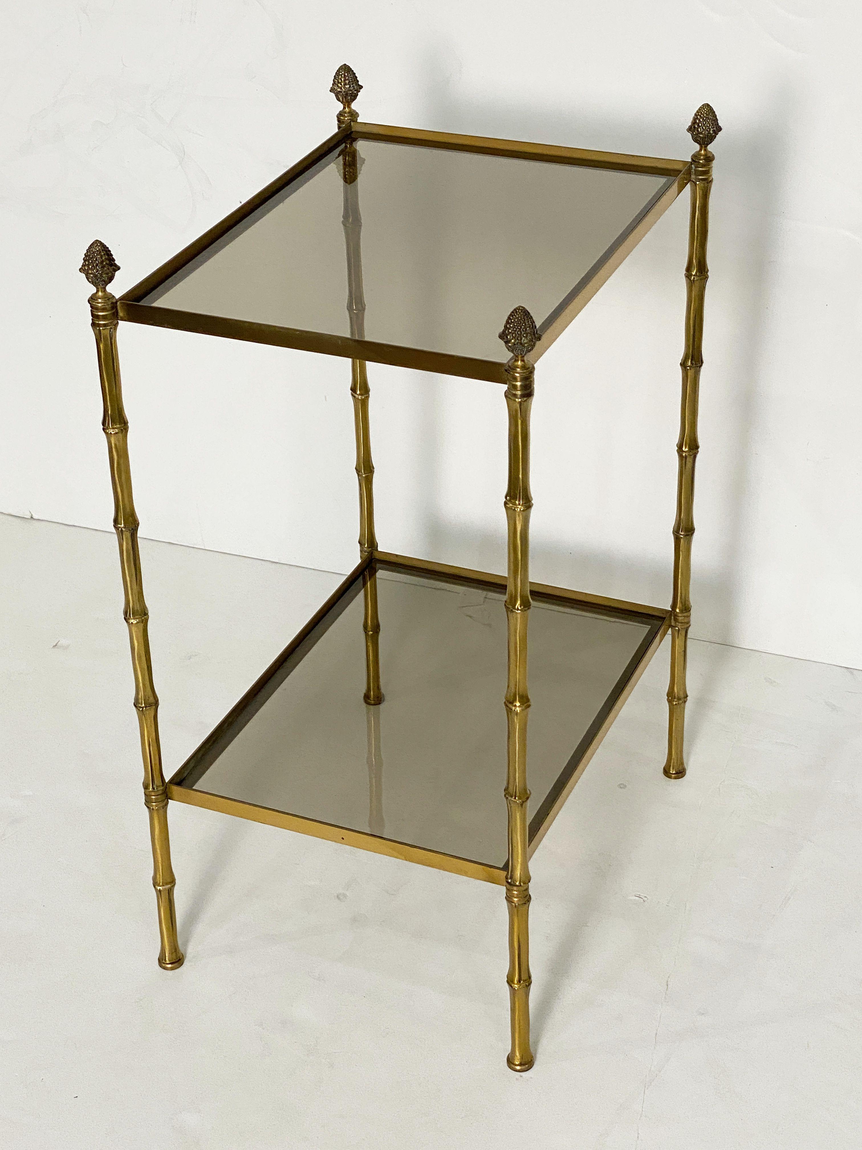 Mid-Century Modern French Two-Tiered Side or End Table of Brass and Smoked Glass For Sale
