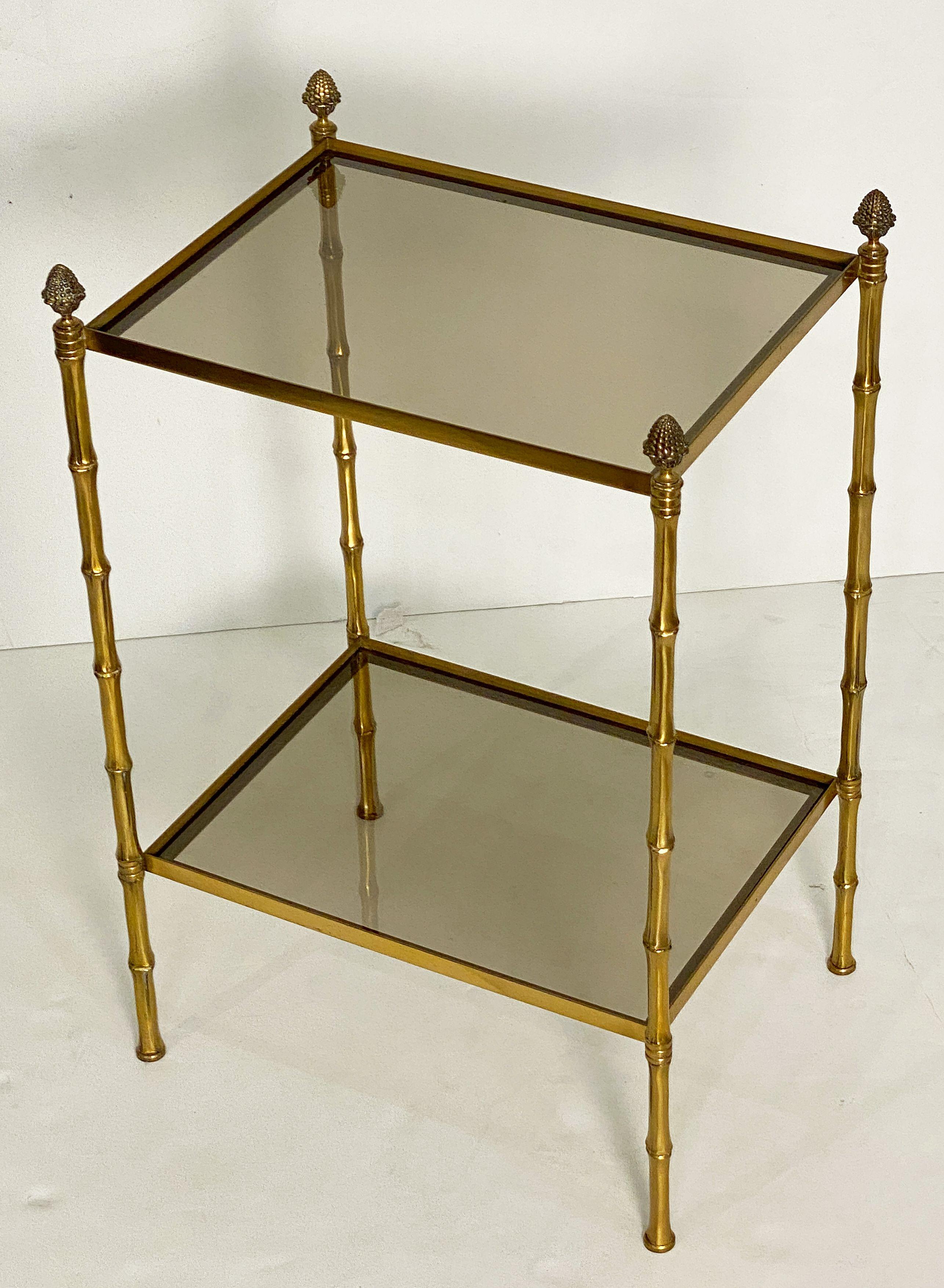 French Two-Tiered Side or End Table of Brass and Smoked Glass In Good Condition For Sale In Austin, TX