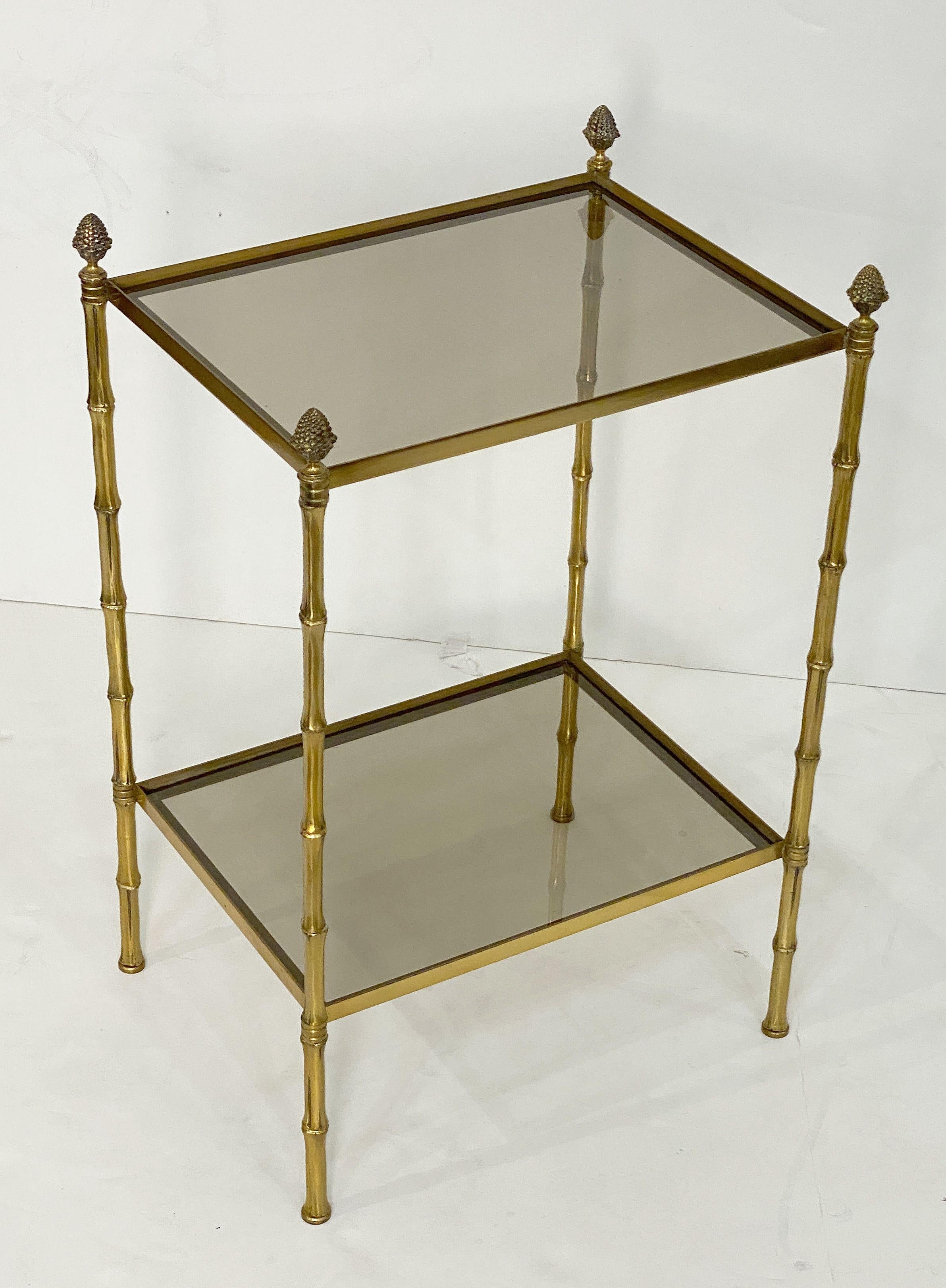 20th Century French Two-Tiered Side or End Table of Brass and Smoked Glass For Sale