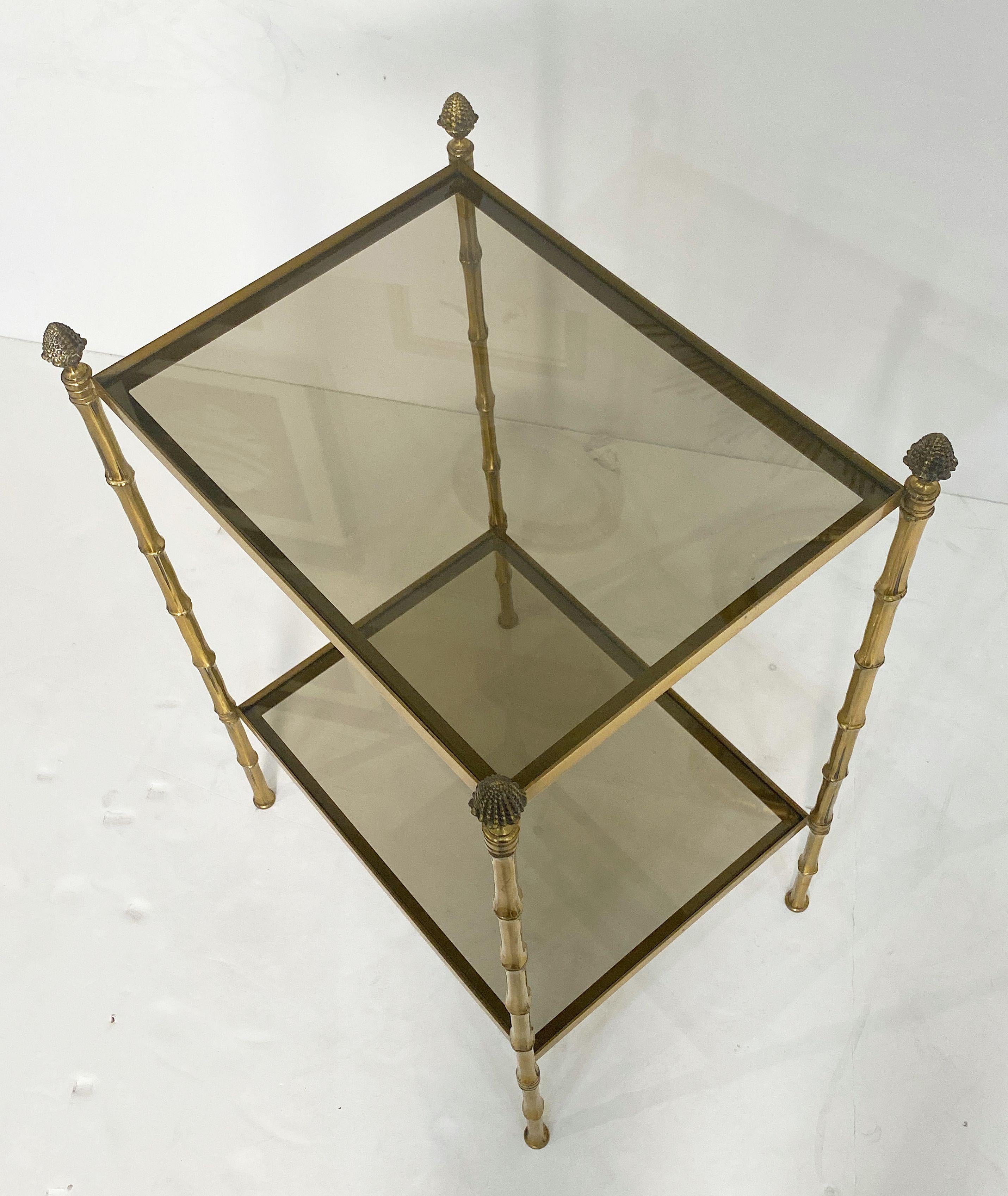 Metal French Two-Tiered Side or End Table of Brass and Smoked Glass For Sale
