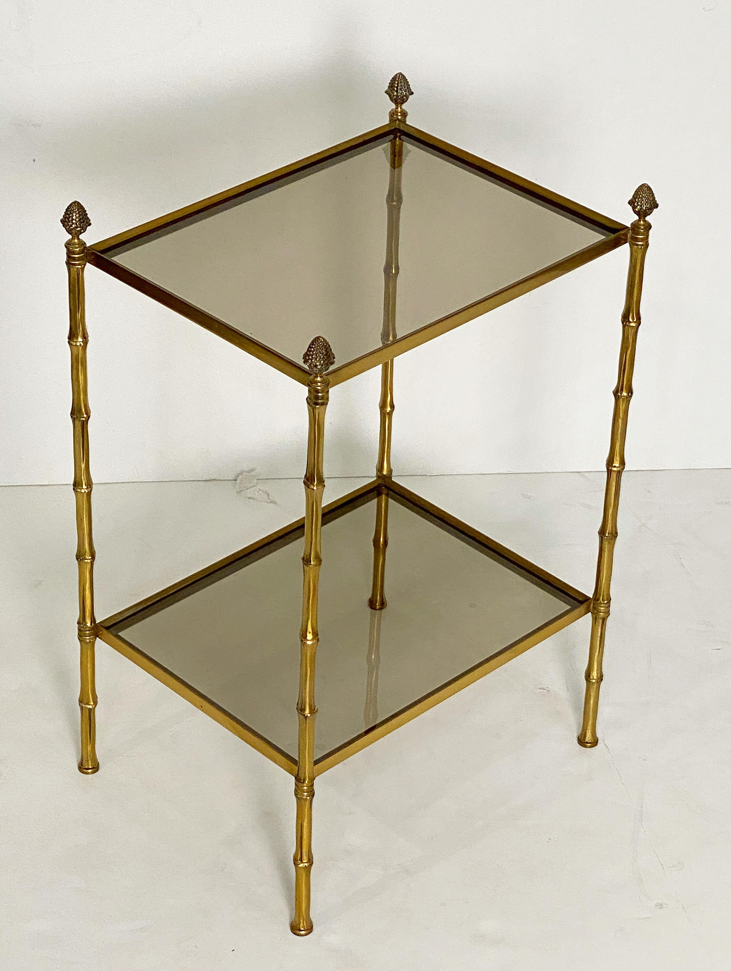French Two-Tiered Side or End Table of Brass and Smoked Glass For Sale 2
