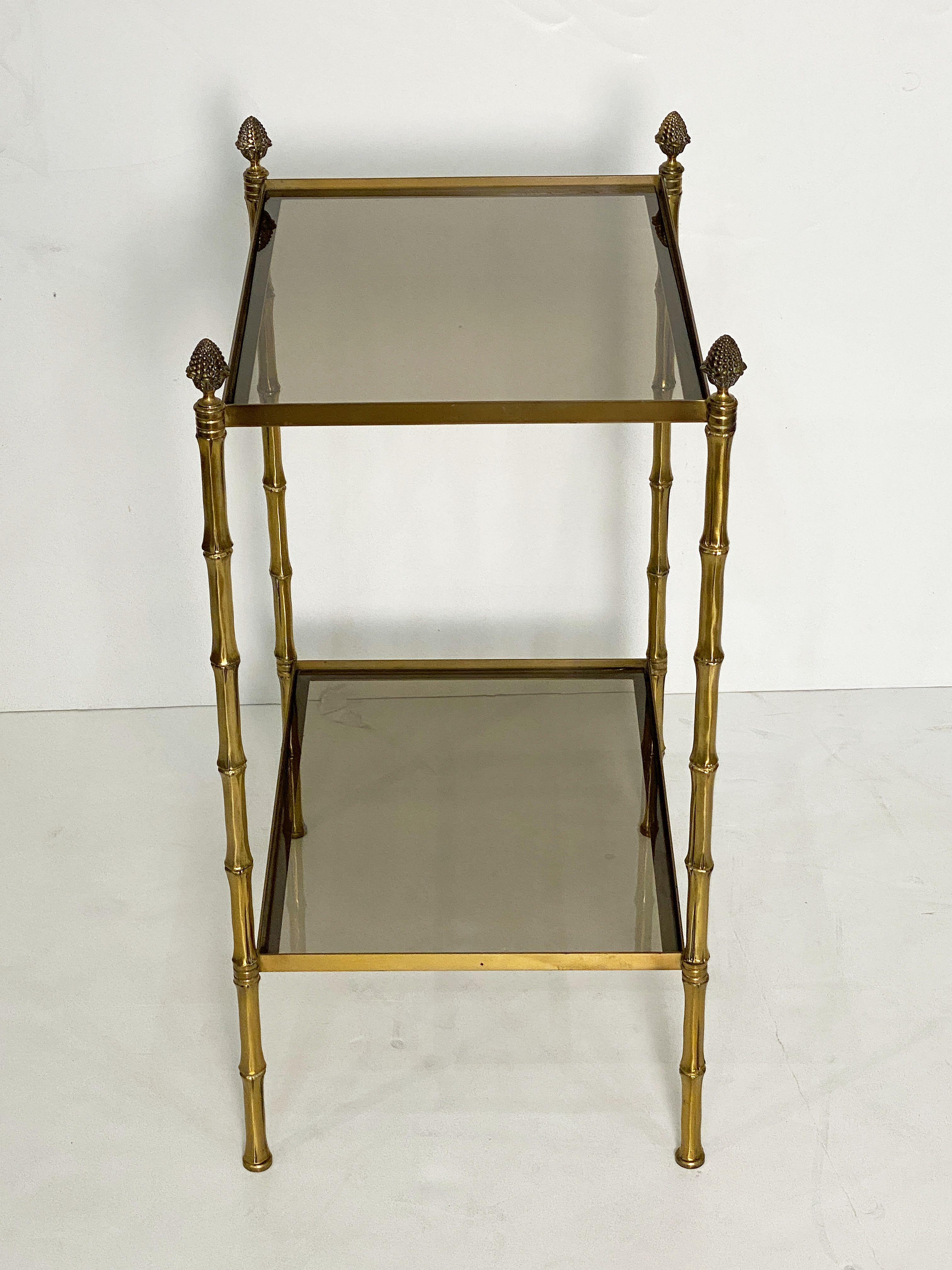 French Two-Tiered Side or End Table of Brass and Smoked Glass For Sale 3