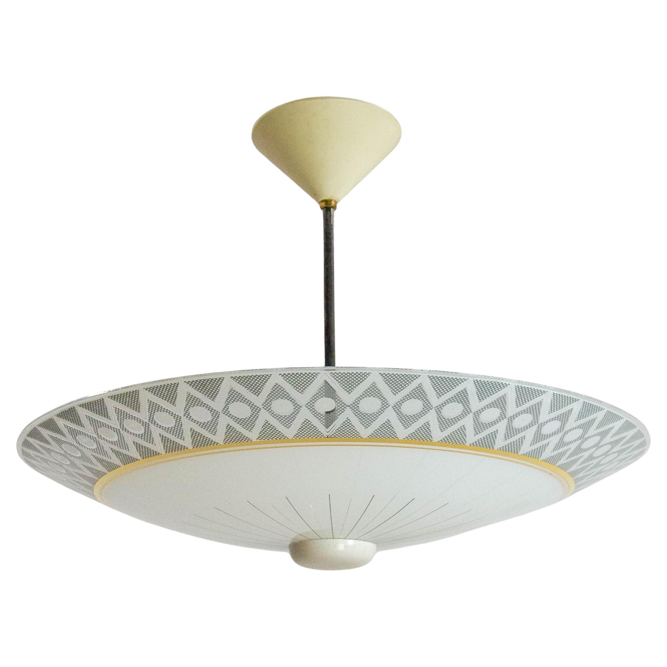 French Umbrella Chandelier Glass 
Brass Ceiling Pendant, circa 1950 en vente