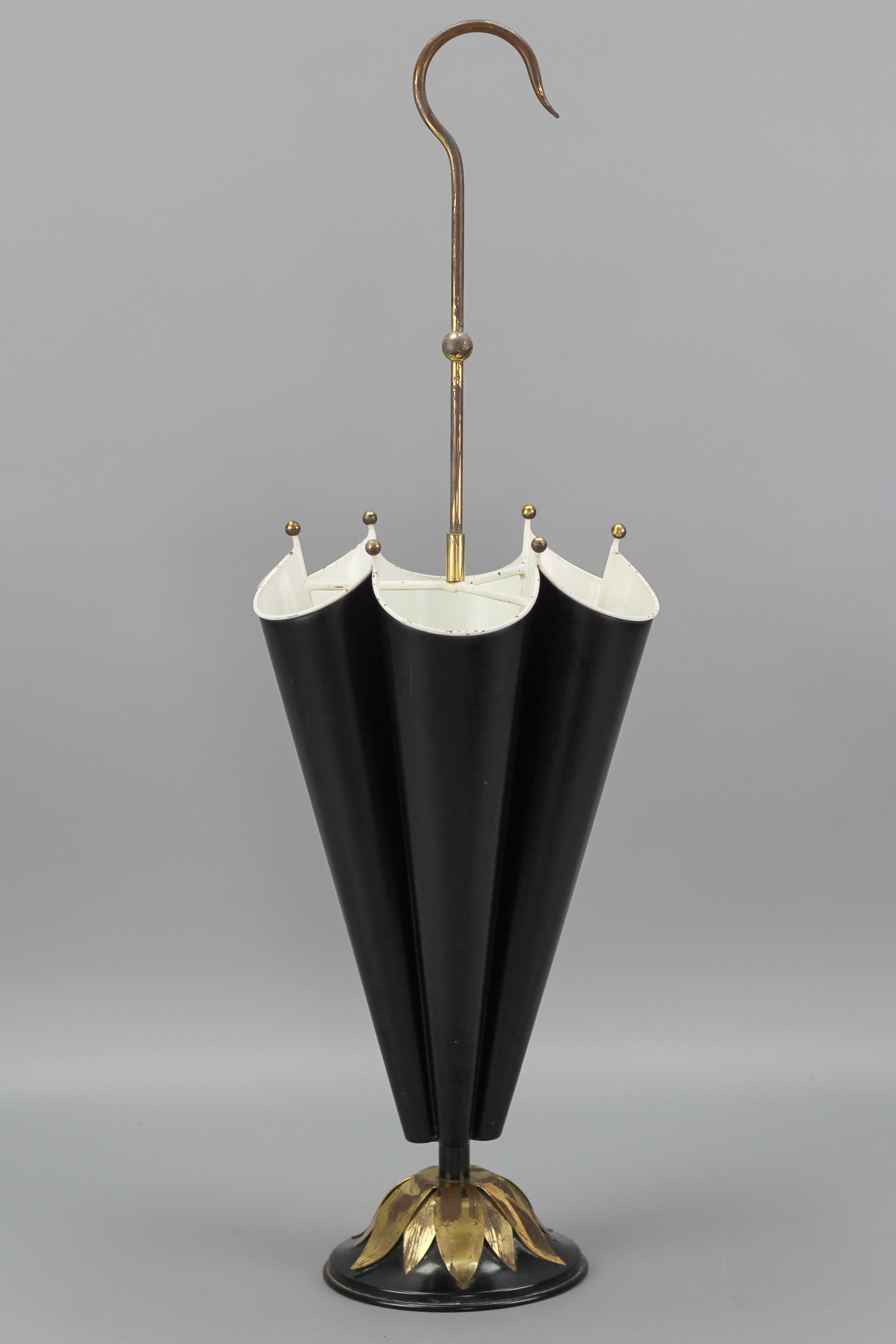 French Umbrella-Shaped Black and White Metal and Brass Umbrella Stand For Sale 9