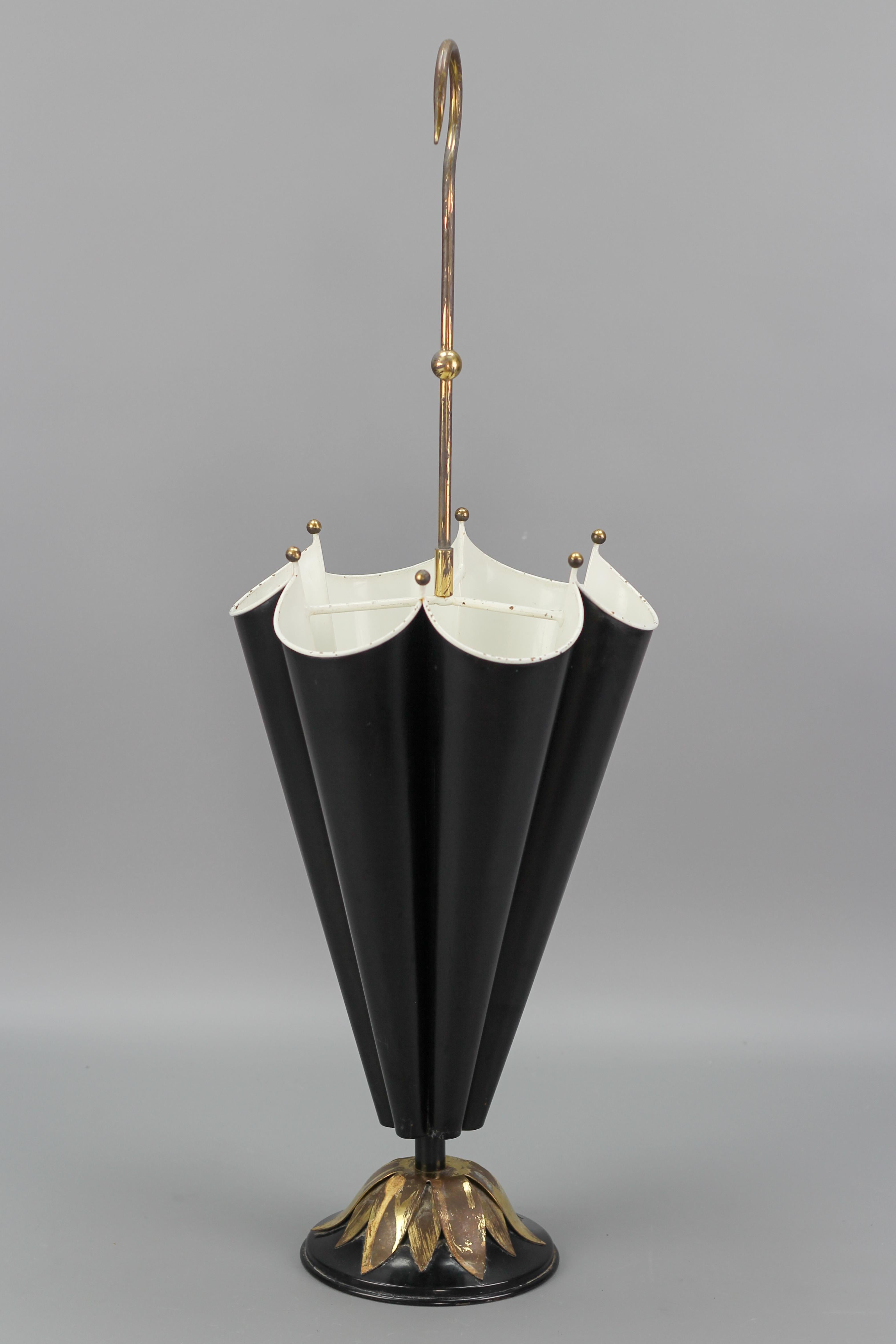 Mid-Century Modern French Umbrella-Shaped Black and White Metal and Brass Umbrella Stand For Sale