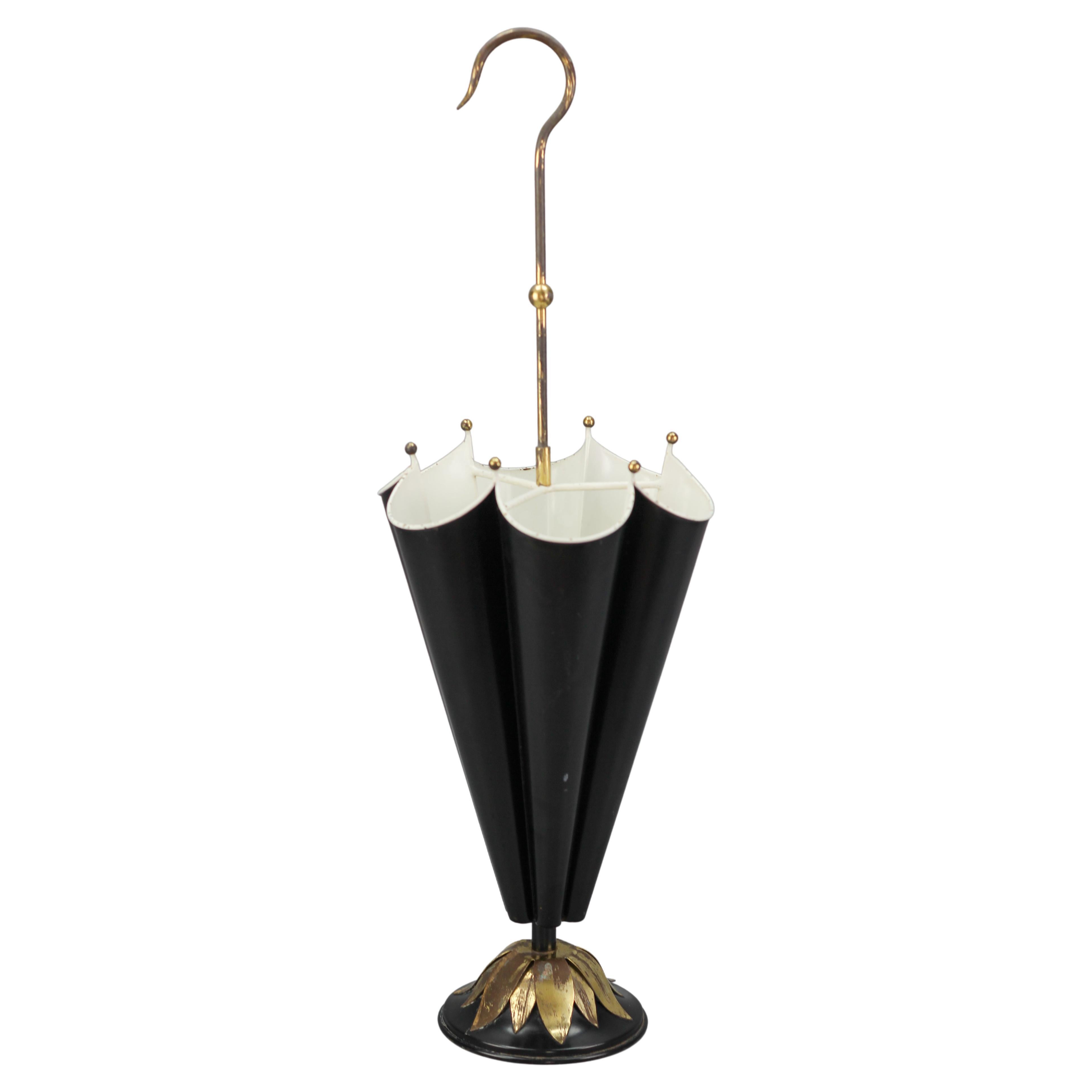 French Umbrella-Shaped Black and White Metal and Brass Umbrella Stand