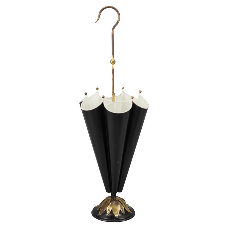 French UmbrellaShaped Black and White Metal and Brass Umbrella Stand