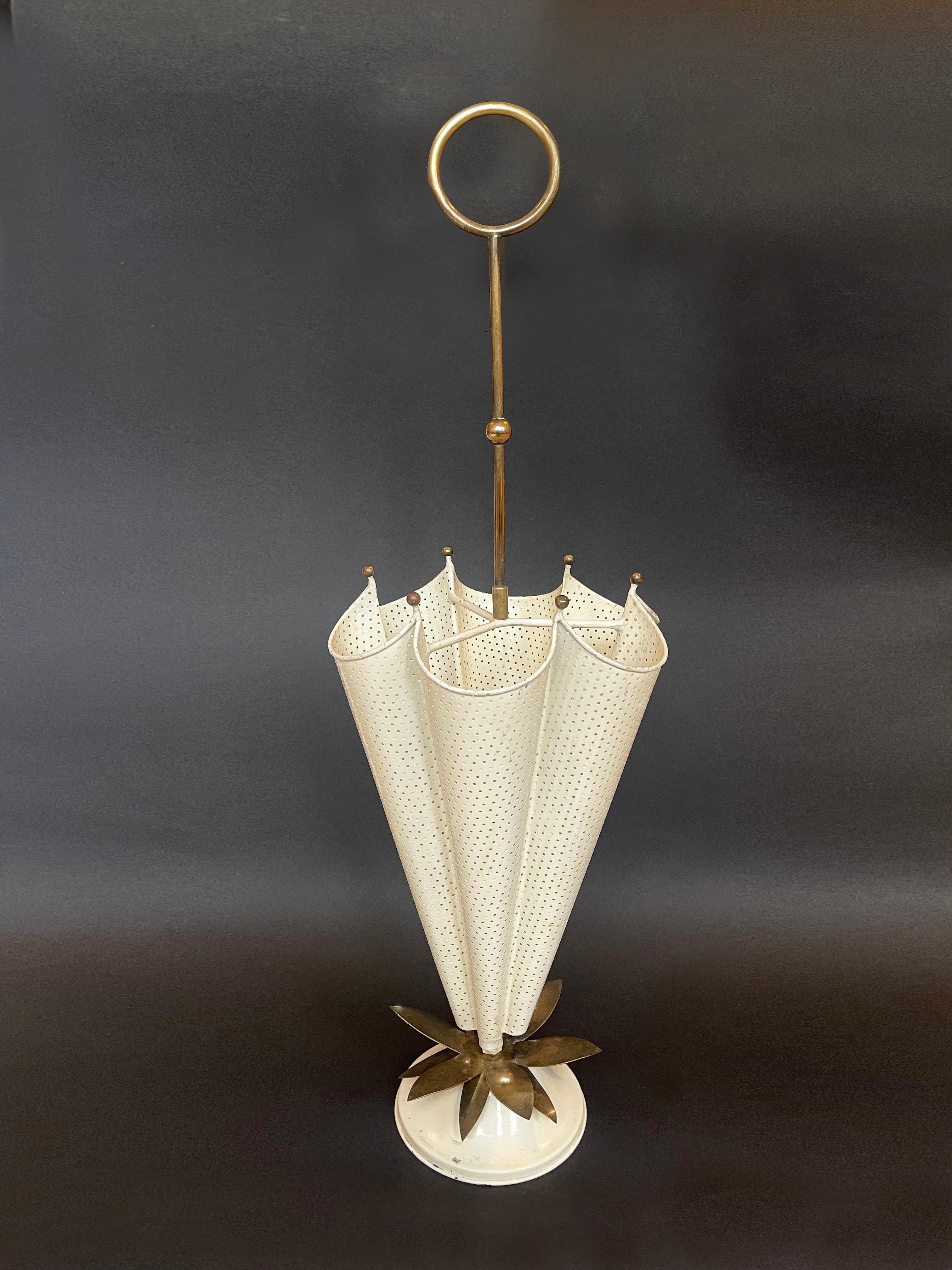 Mid-Century Modern French Umbrella-Shaped White Metal and Brass Umbrella Stand, 1950s