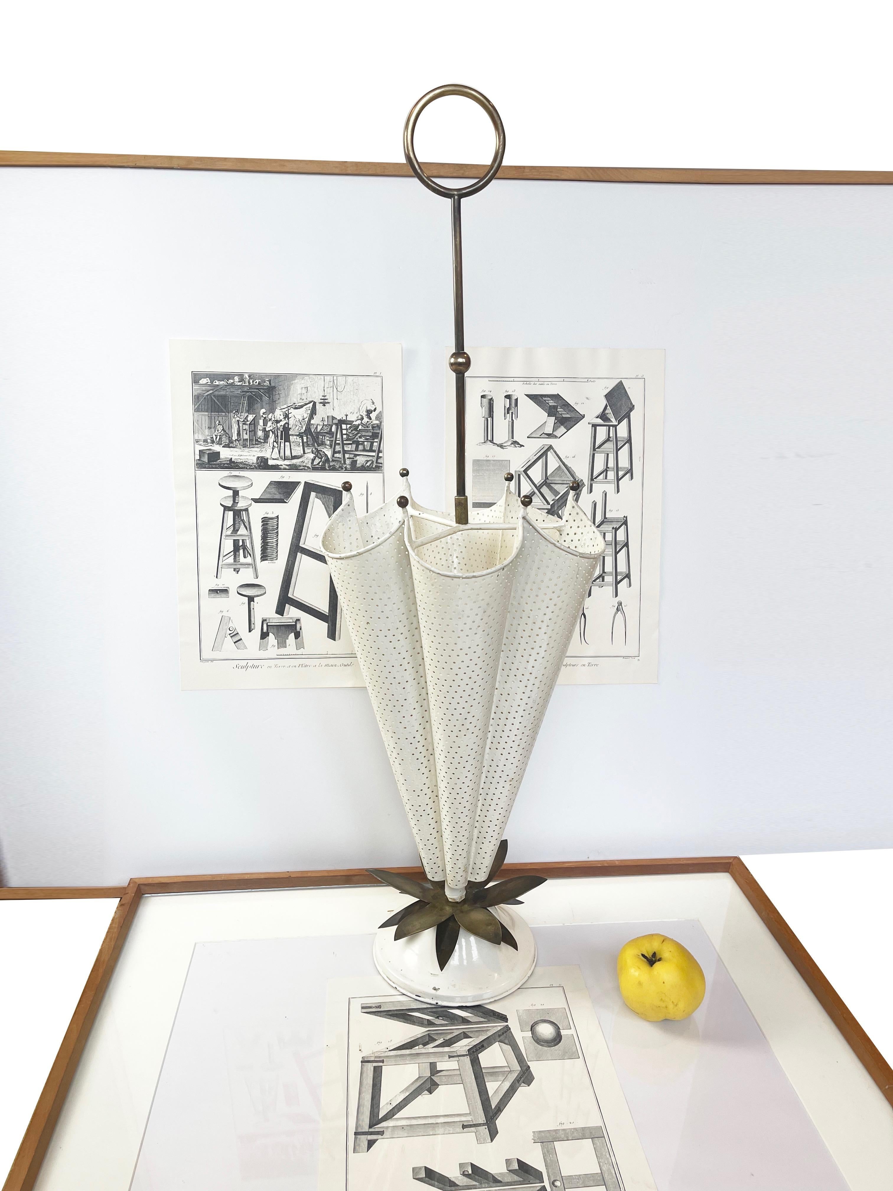Italian French Umbrella-Shaped White Metal and Brass Umbrella Stand, 1950s