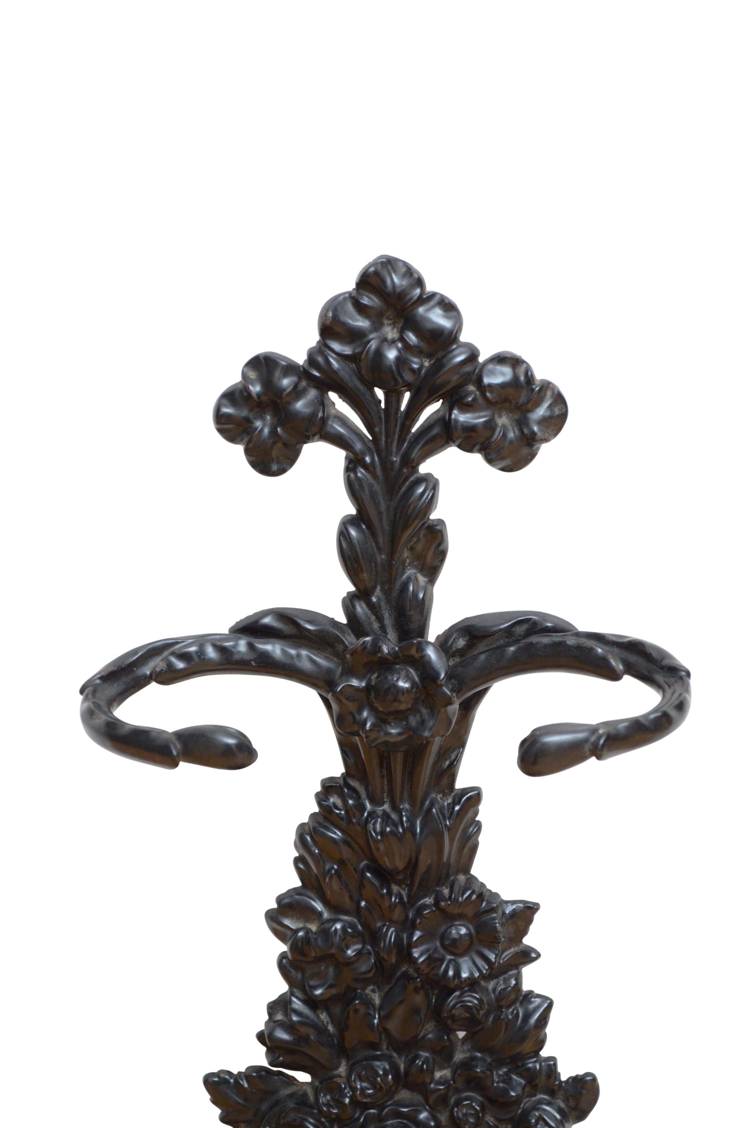 Attractive French cast iron umbrella stand or walking stick stand in black with floral motifs through. This umbrella stand would make a good fire iron stand, circa 1950.
Measures: H 24.5
