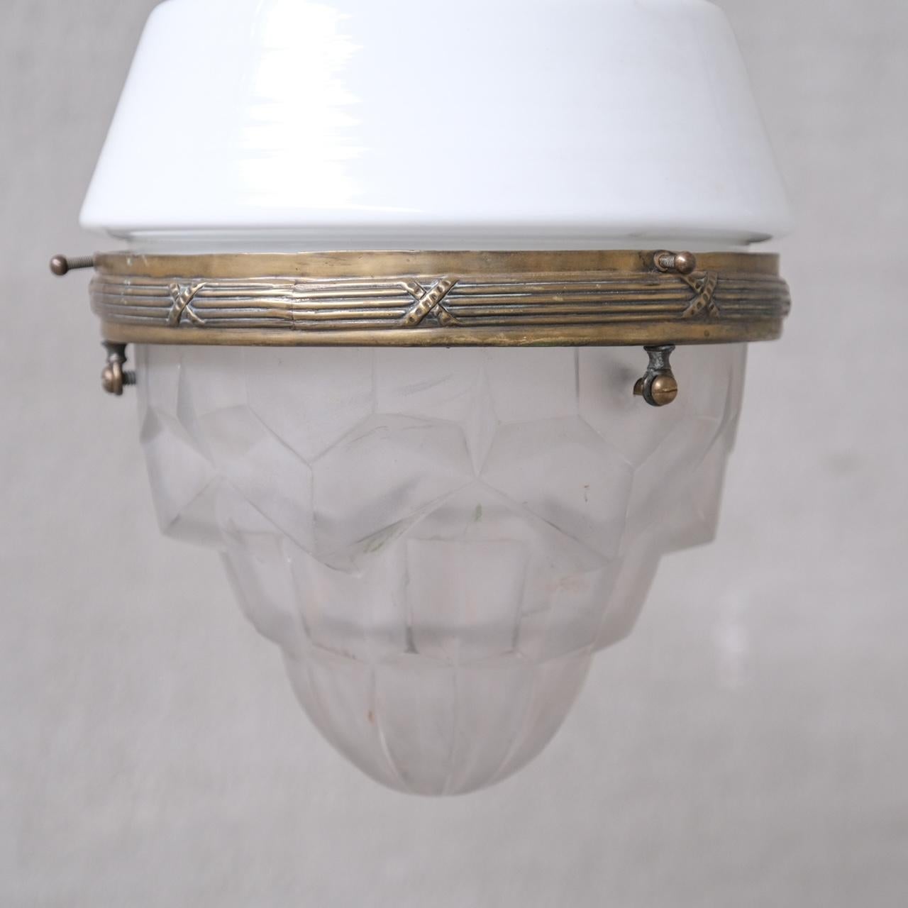 20th Century French Unusual Two Tone Antique Glass and Brass Pendant Light For Sale