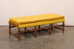 French Upholstered 5 Ft Bench on Nicely Turned Legs & Stretchers, Mid 20th C.