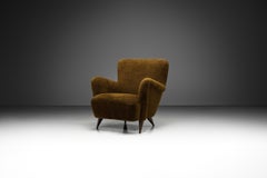 French Upholstered Armchair with Turned Maple Legs, France 1950s