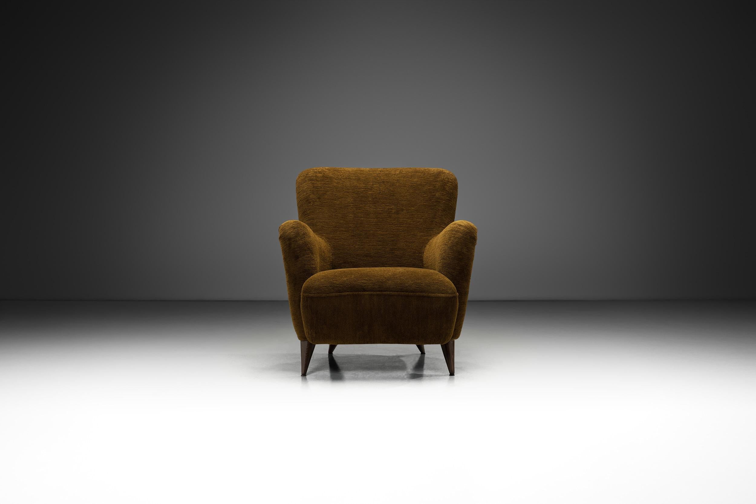 Mid-Century Modern French Upholstered Armchair with Turned Maple Legs, France 1950s For Sale