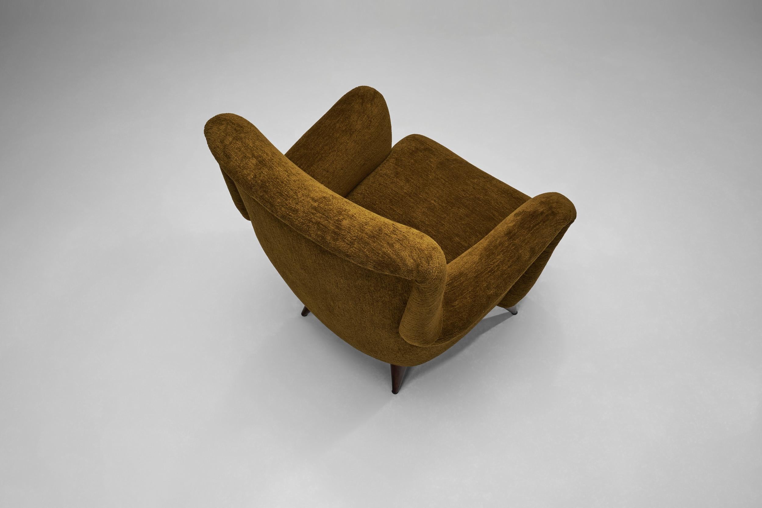 Fabric French Upholstered Armchair with Turned Maple Legs, France 1950s For Sale