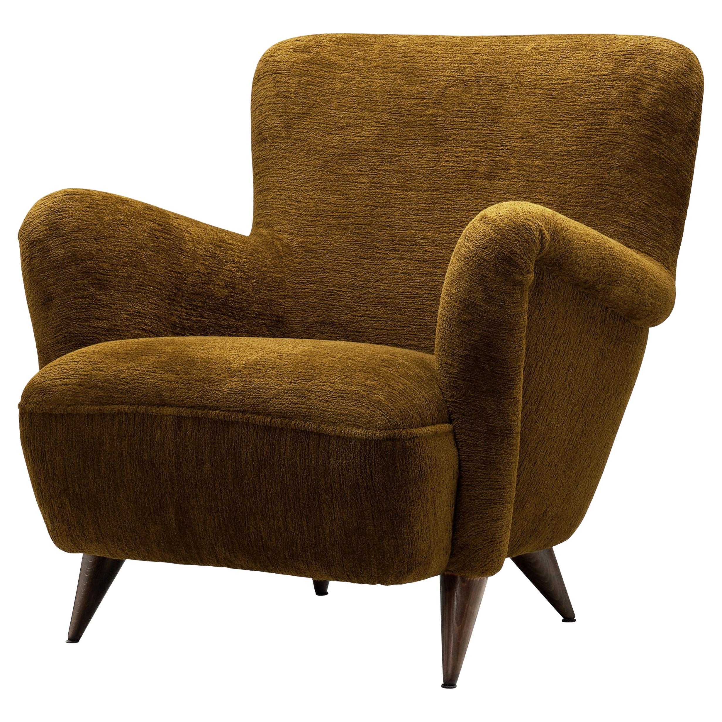 French Upholstered Armchair with Turned Maple Legs, France 1950s For Sale