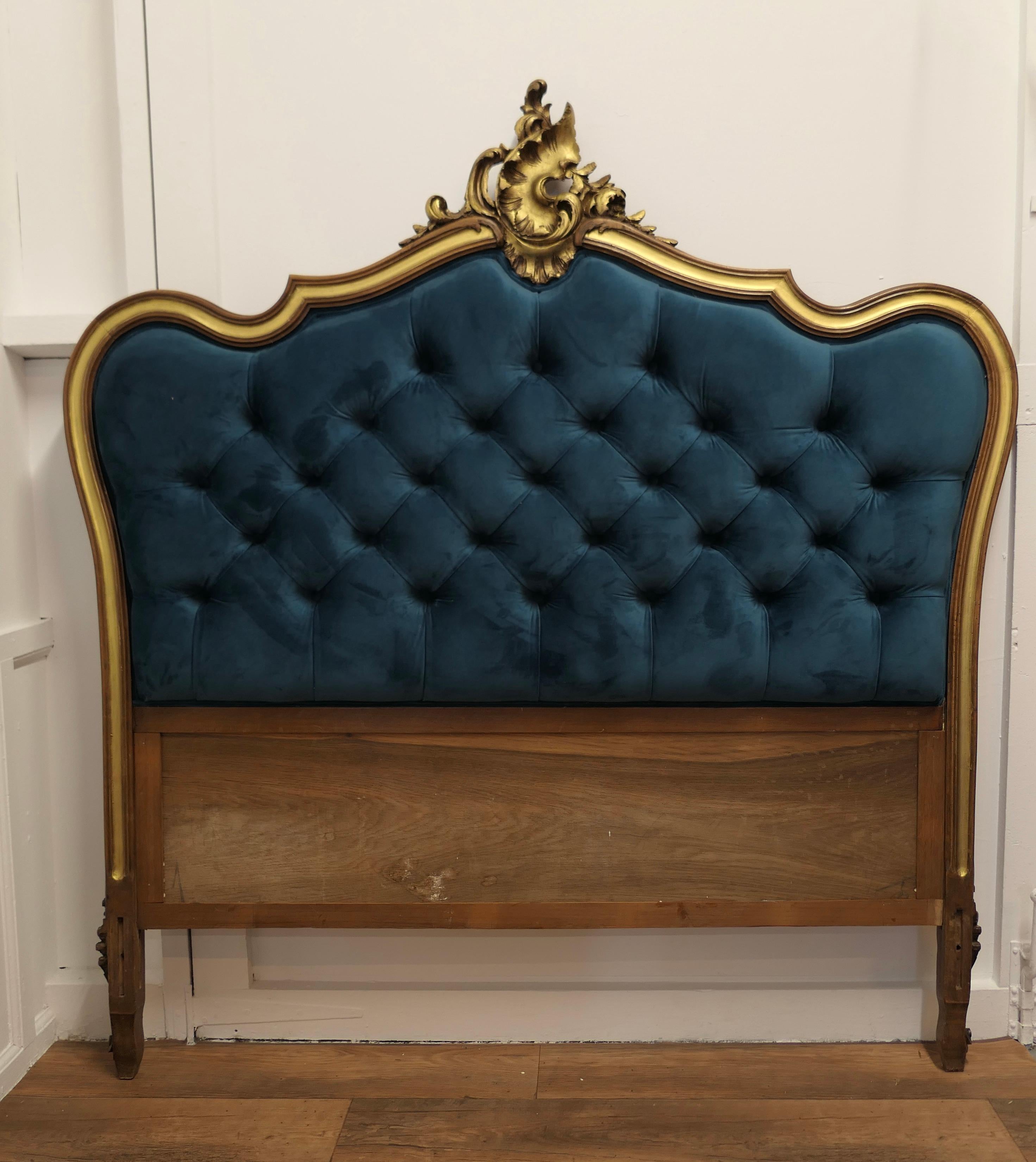French Upholstered Bed Head, Deeply Buttoned in Teal Velvet 

This is a Walnut Headboard with the highlights picked out in Gold it is upholstered in Lush Teal Velvet with deep buttoning making it very comfortable to lean against
 The head board