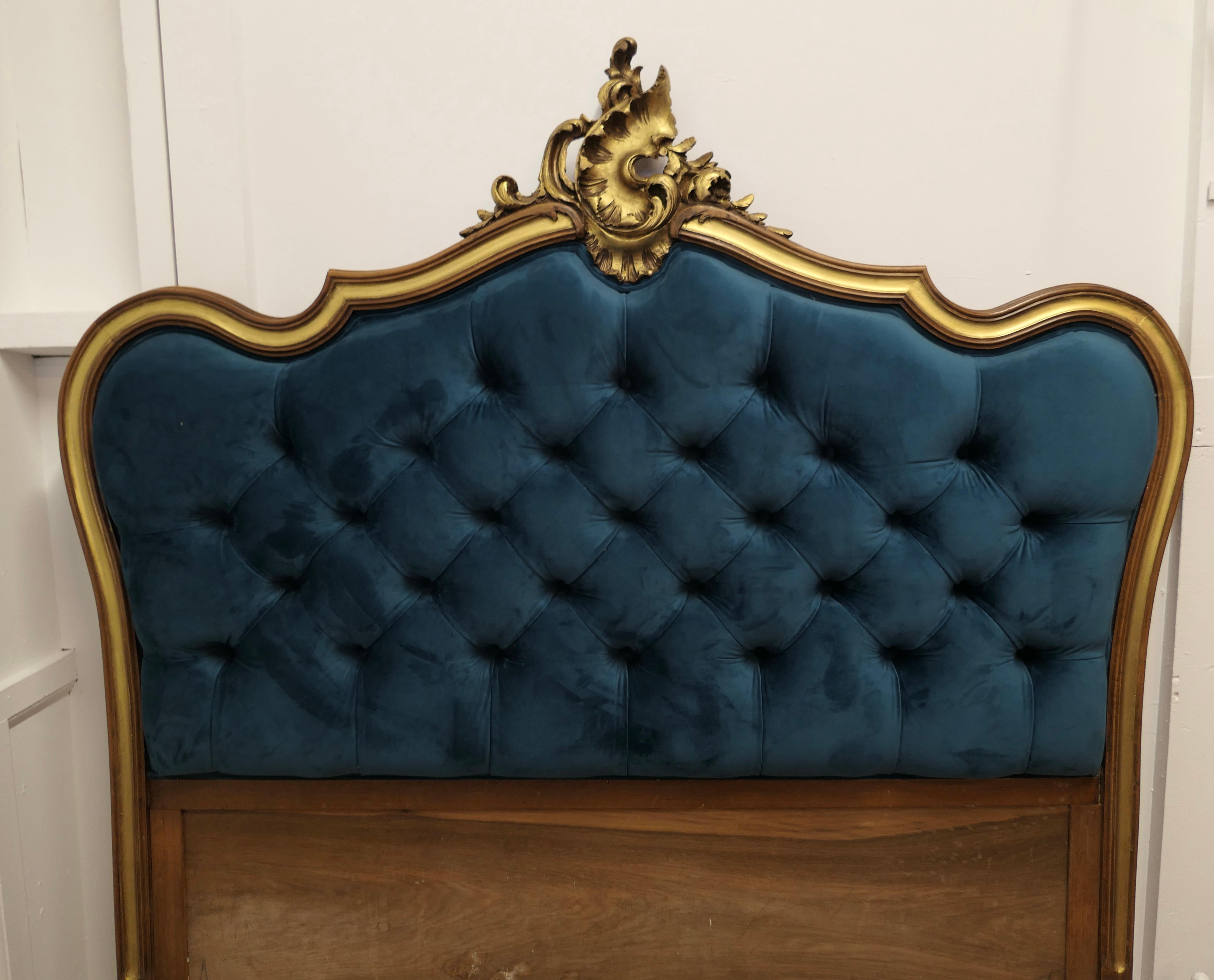 French Provincial French Upholstered Bed Head, Deeply Buttoned in Teal Velvet