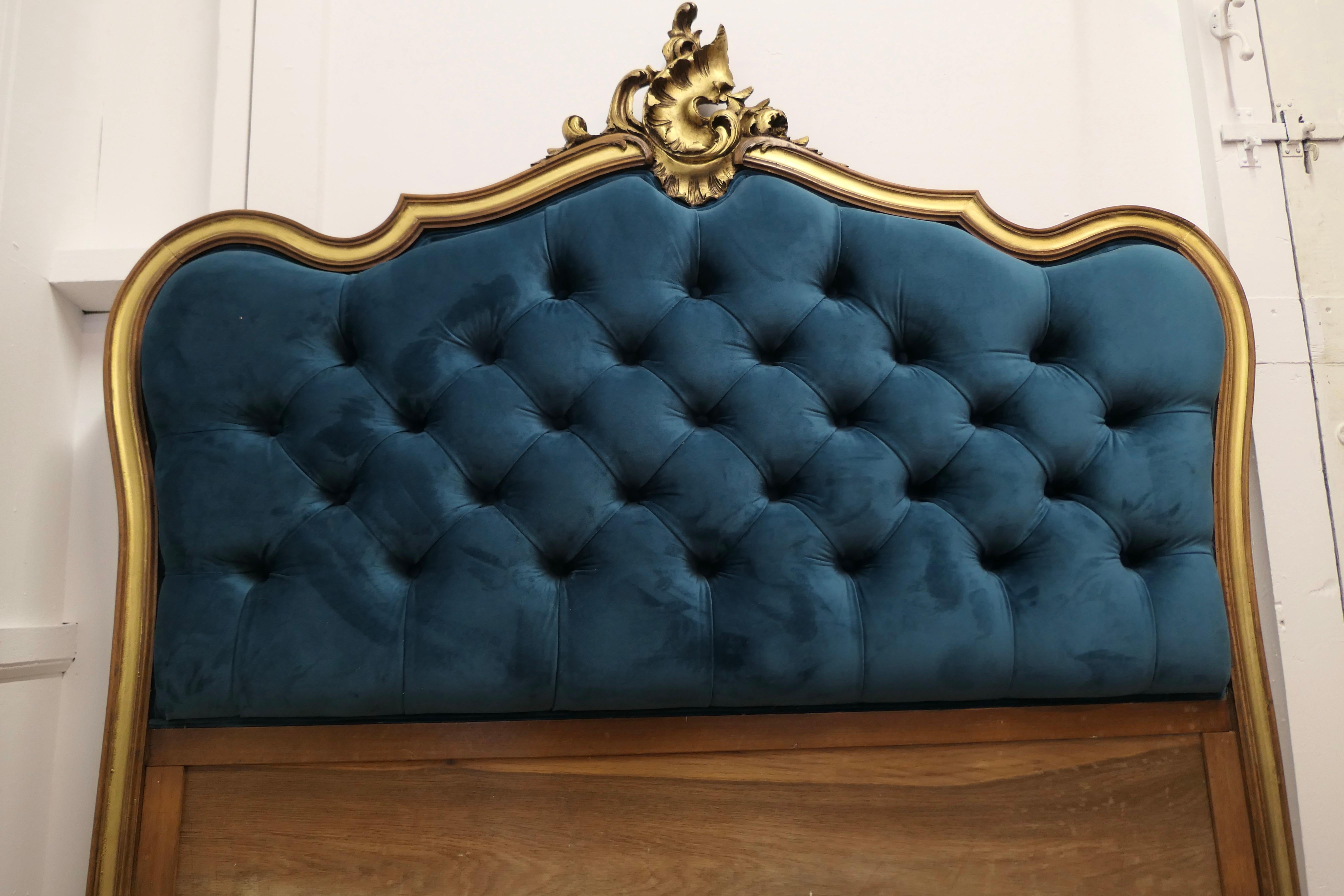 19th Century French Upholstered Bed Head, Deeply Buttoned in Teal Velvet
