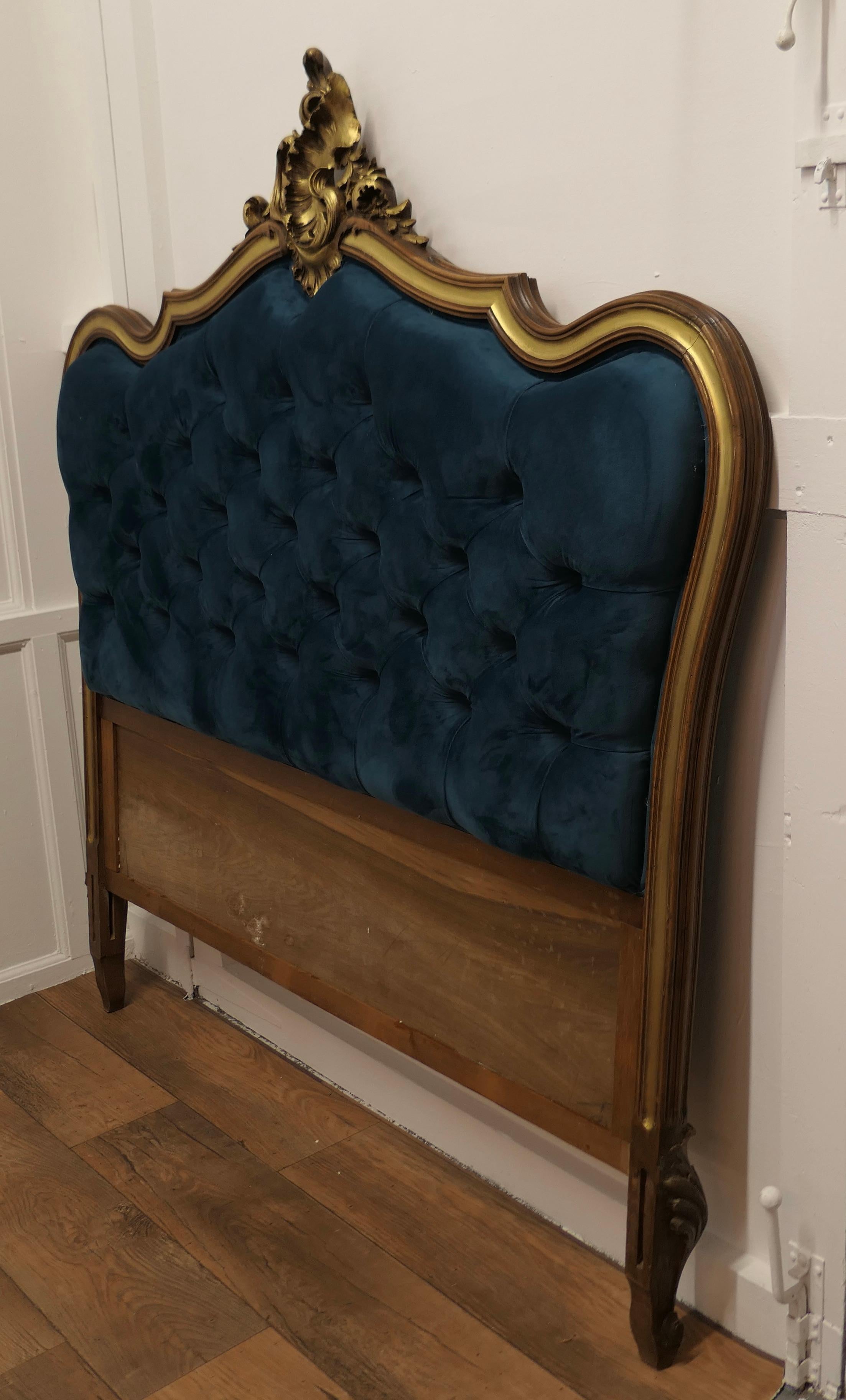 French Upholstered Bed Head, Deeply Buttoned in Teal Velvet 1