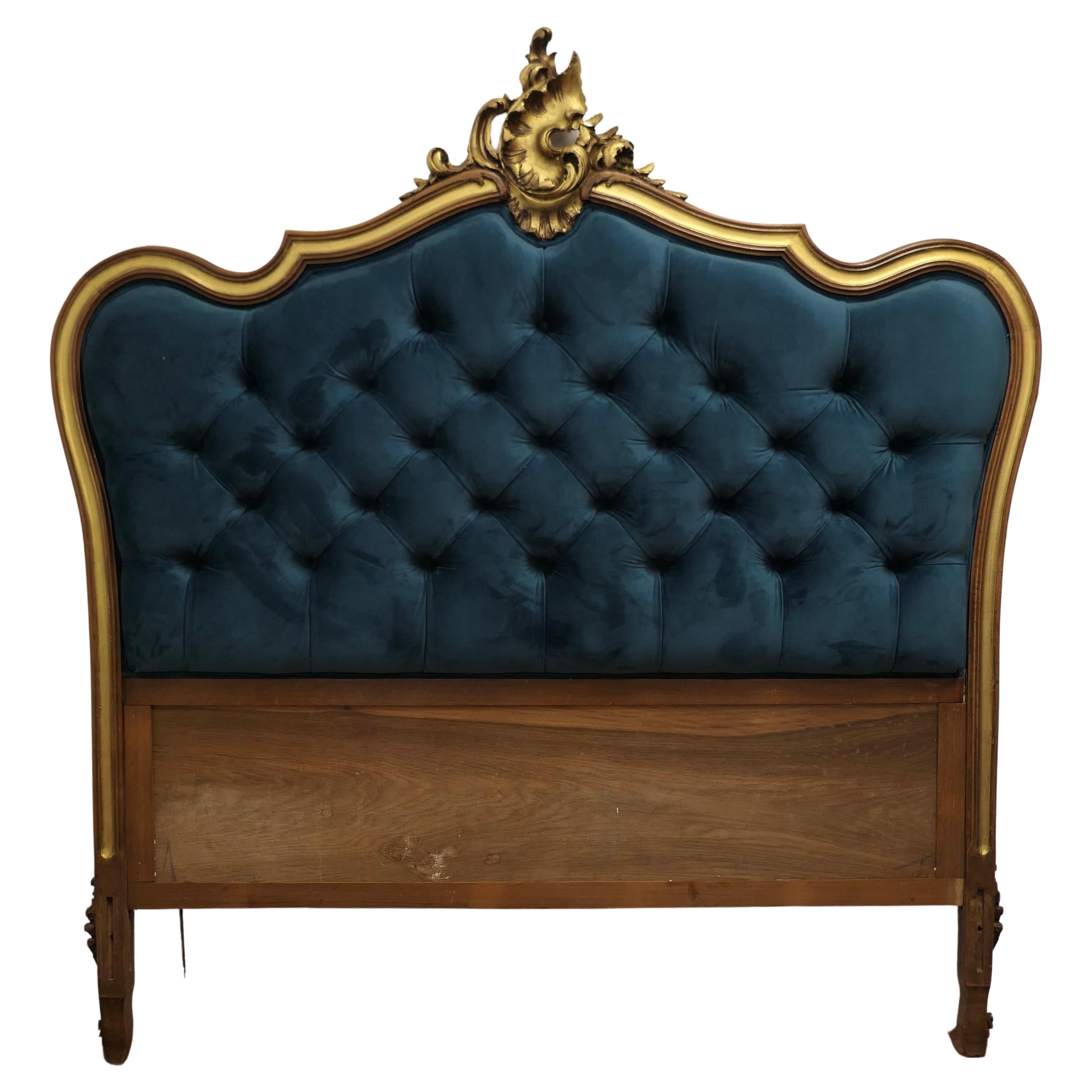 French Upholstered Bed Head, Deeply Buttoned in Teal Velvet