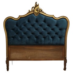 Antique French Upholstered Bed Head, Deeply Buttoned in Teal Velvet