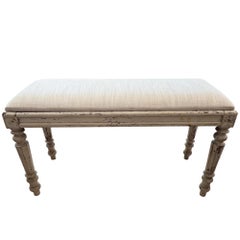 French Upholstered Bench, Cream Linen, Circa 1900