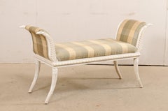 French Upholstered Bench with Arms, Carved with Swan-Head Finials and Garland