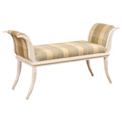 French Upholstered Bench with Arms, Carved with Swan-Head Finials and Garland