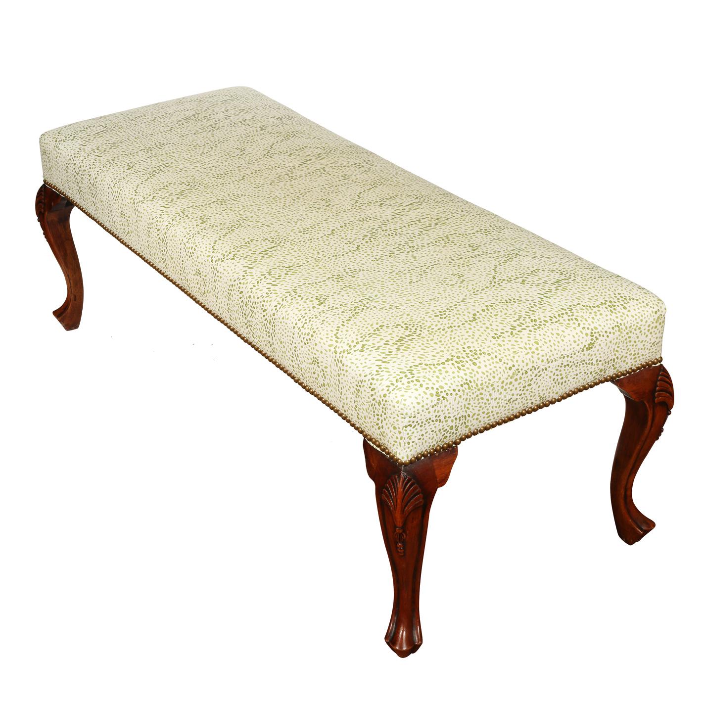 French upholstered bench with carved cabriole legs in Meg Braff Designs pistachio green Menton fabric.