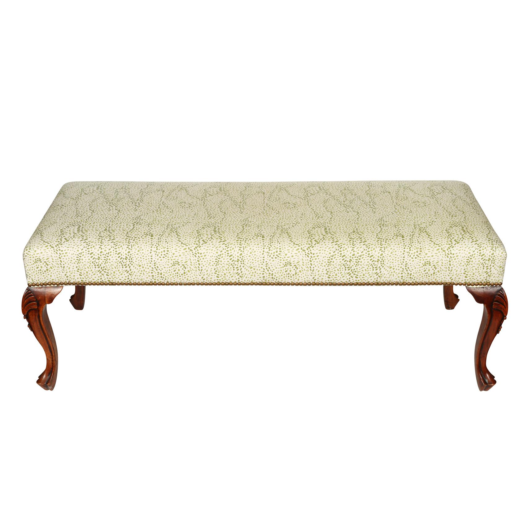 French Upholstered Bench with Cabriole Legs in Meg Braff Designs Menton Fabric In Excellent Condition For Sale In Locust Valley, NY