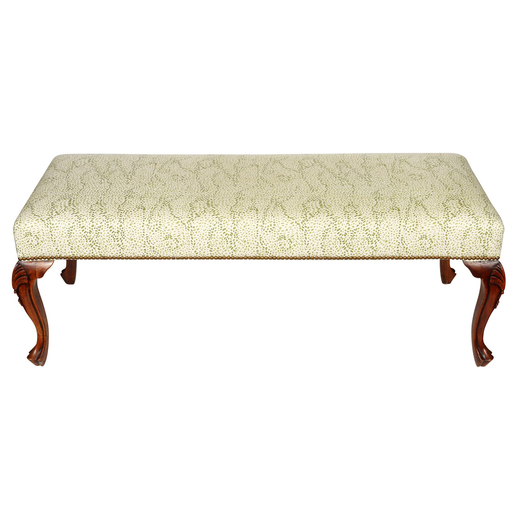 French Upholstered Bench with Cabriole Legs in Meg Braff Designs Menton Fabric For Sale
