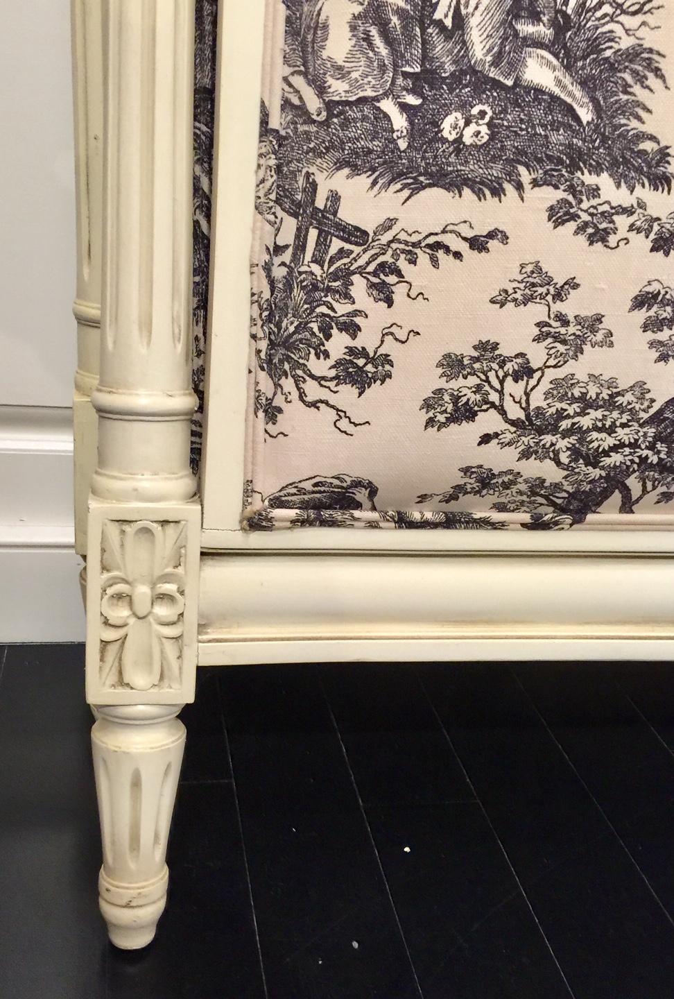 20th Century French Upholstered Double Bed Frame, Style Louis XVI, Toile de Jouy