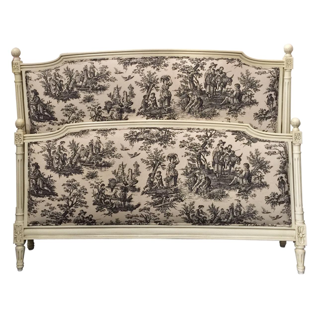 French Upholstered Double Bed Frame, Style Louis XVI, Toile de Jouy