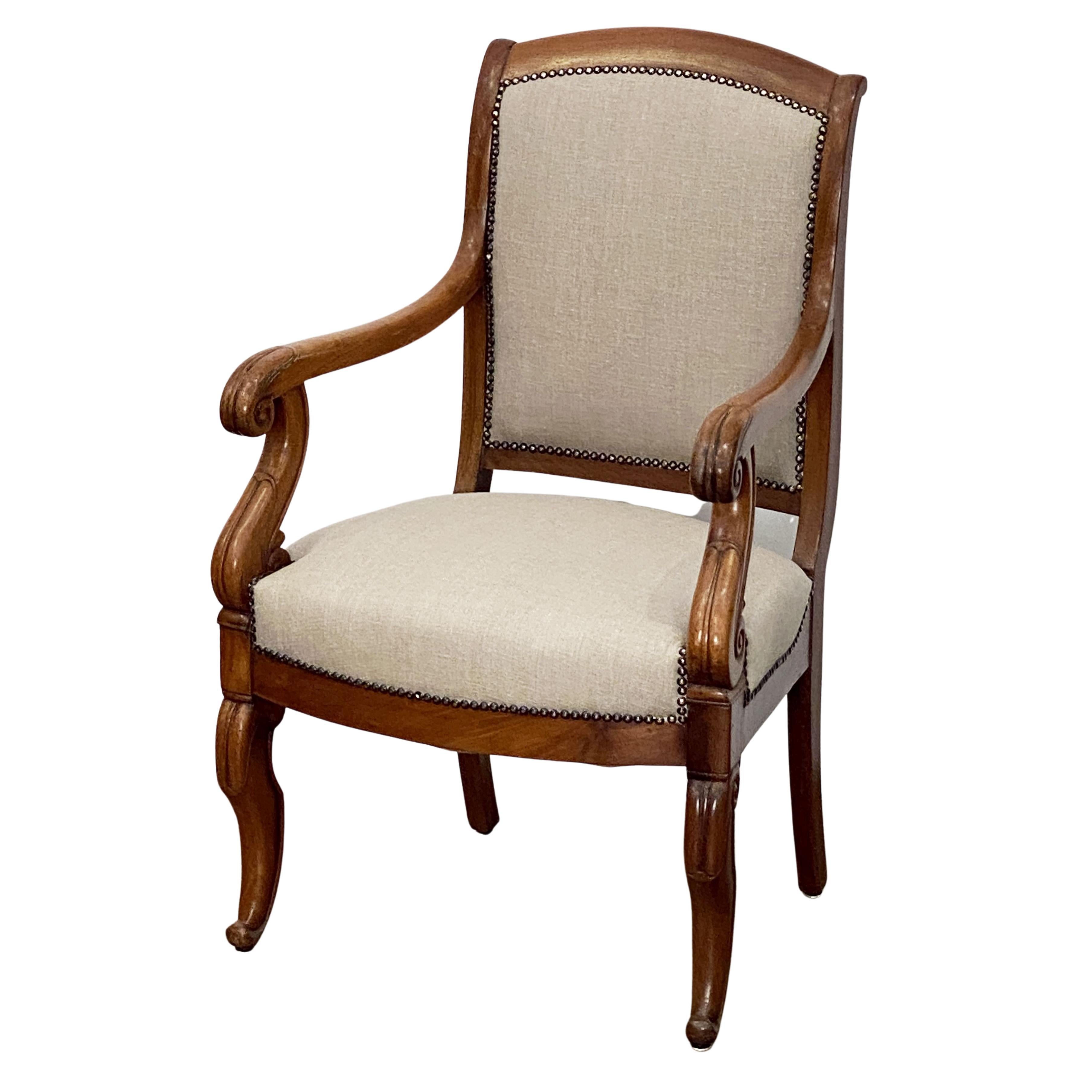 French Upholstered Fauteuil Armchair or Salon Chair of Walnut For Sale