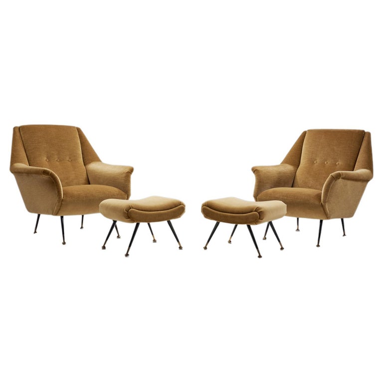 French Upholstered Lounge Chairs with Footstools, France, 1960s For