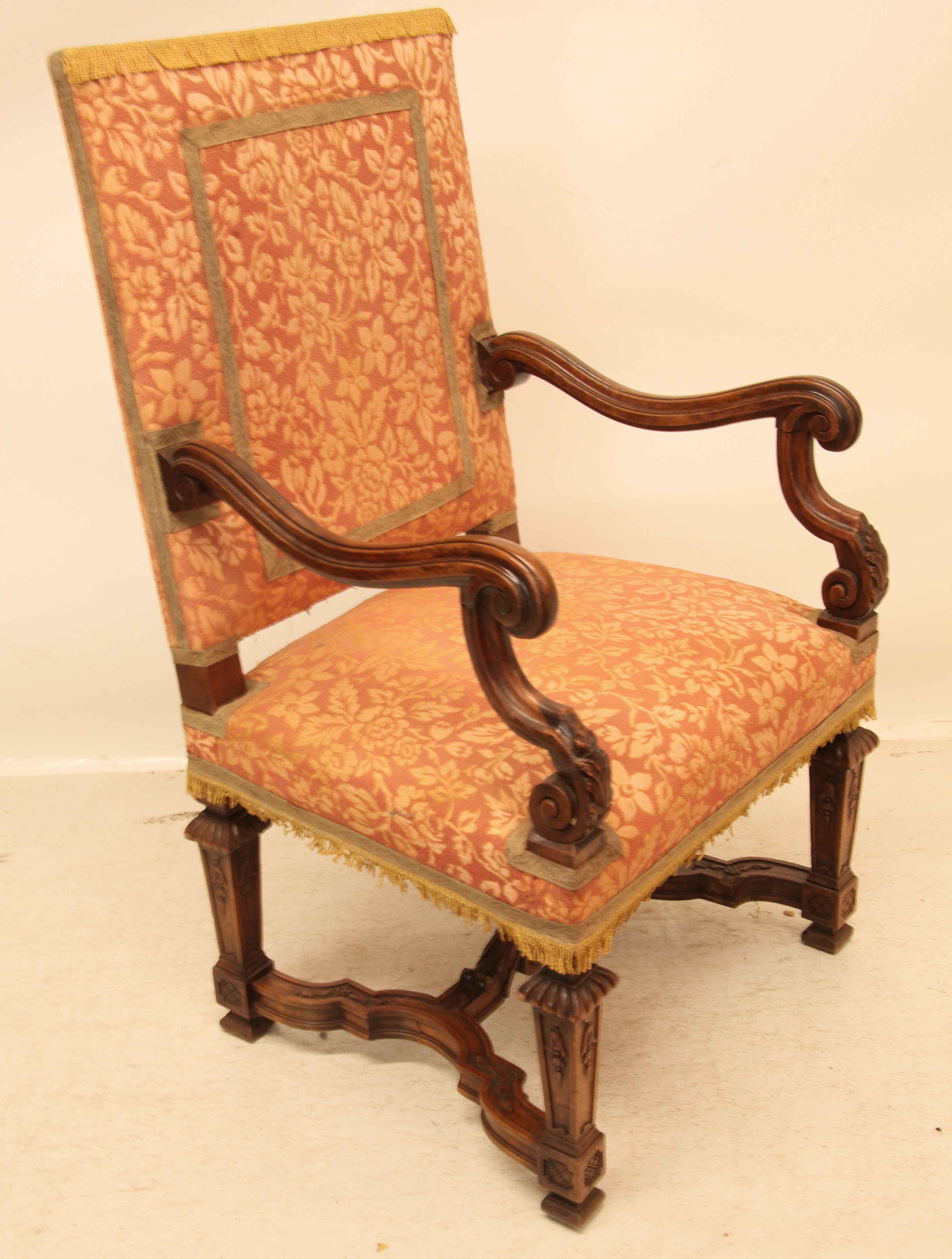 Hand-Carved French Upholstered Open Arm Chair For Sale
