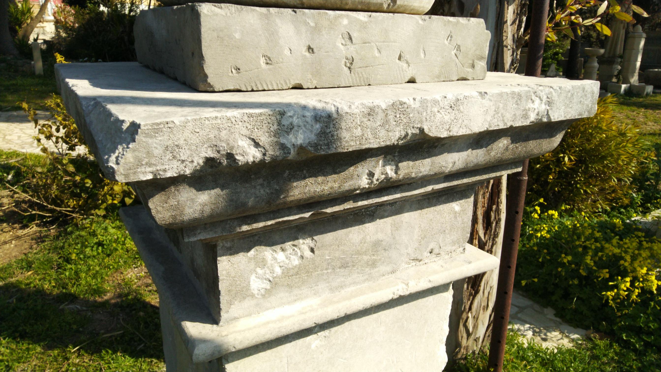 French Urns with Pedestals 'Pair' Hand-carved in Pure Limestone, antique finish. For Sale 6