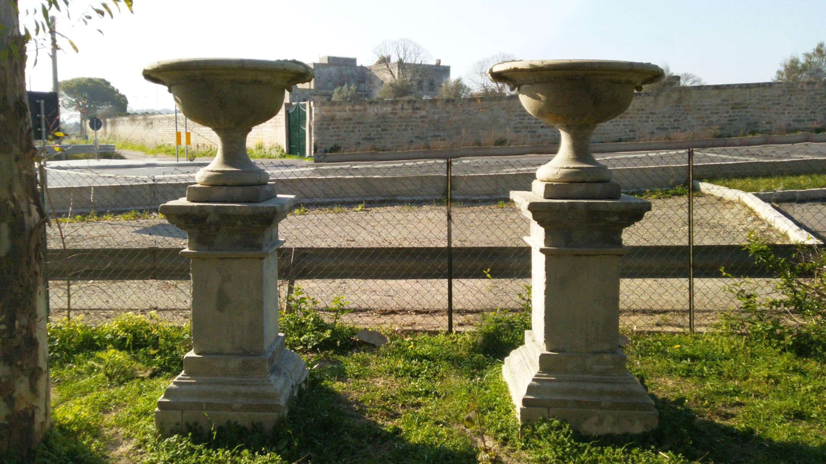 A massive pair of French urns with pedestals, in solid limestone hand-carved, very large and tall. Acanthus leaves handcrafted as well on sides.
More info on demand.


  