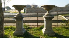 French Urns with Pedestals 'Pair' Hand-carved in Pure Limestone, antique finish.