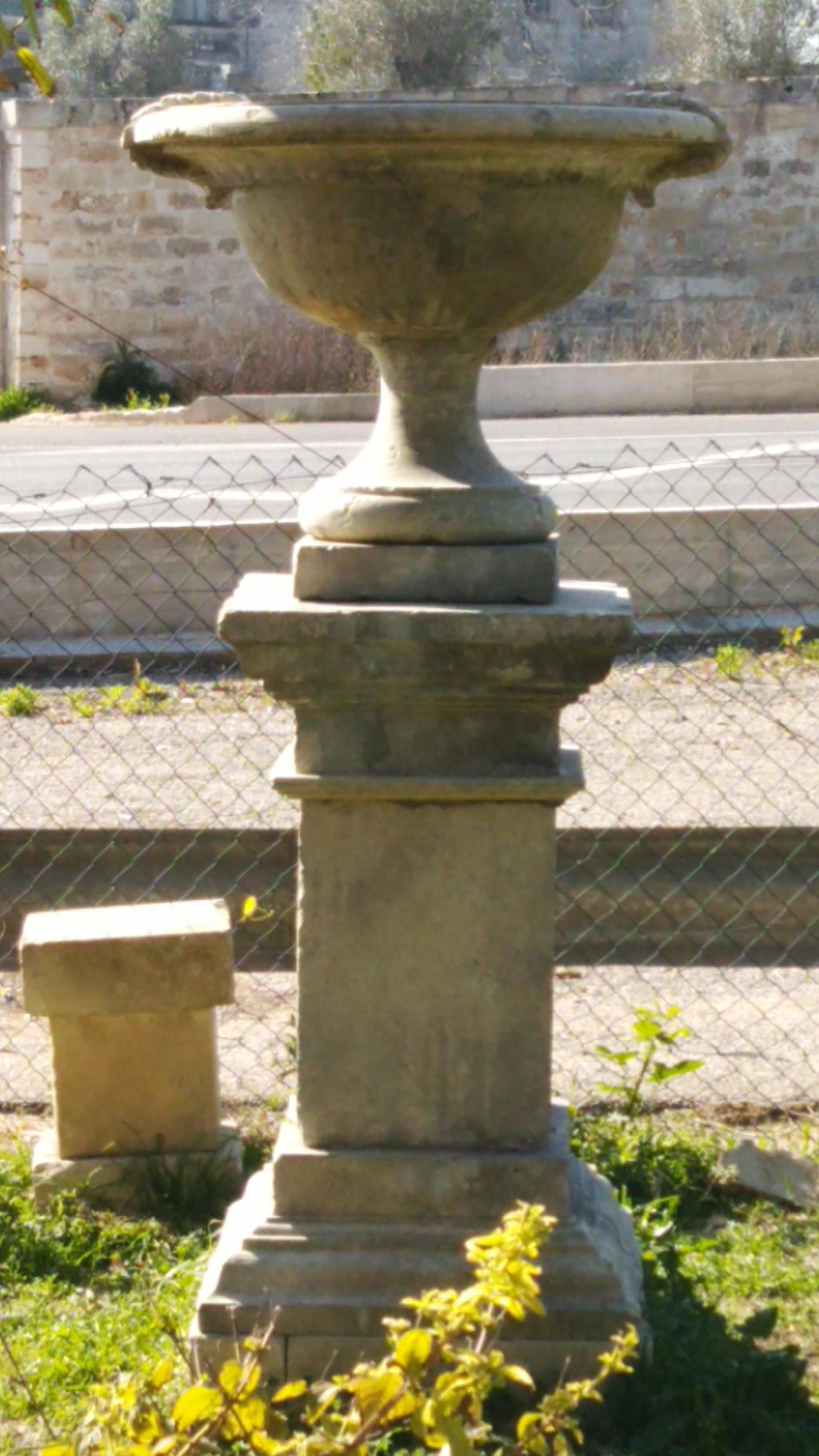 French Urns with Pedestals 'Pair' Hand-carved in Pure Limestone, antique finish. For Sale 2