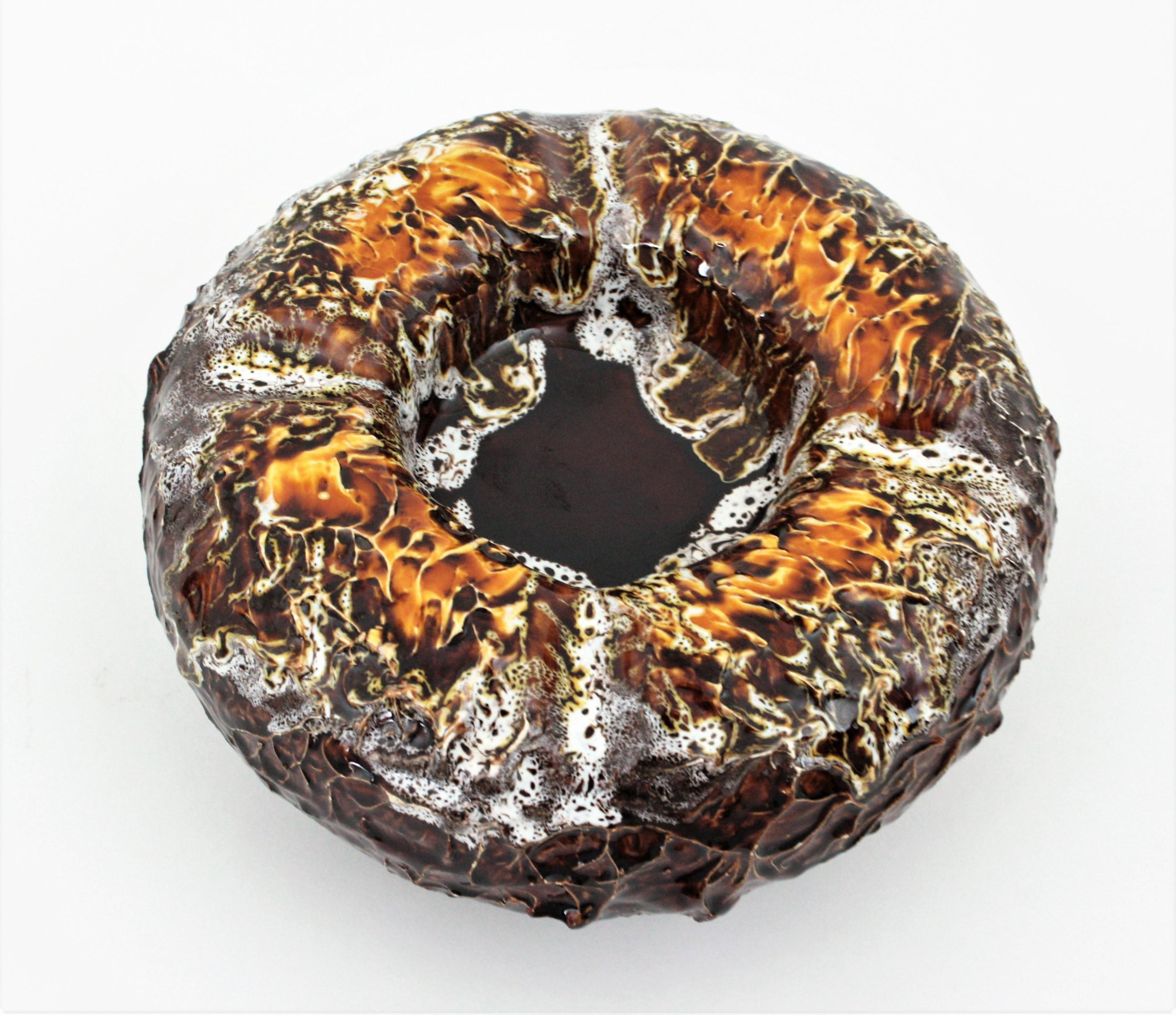 Hand-Crafted French Vallauris Ceramic Fat Lava Round Ashtray / Bowl, 1950s For Sale