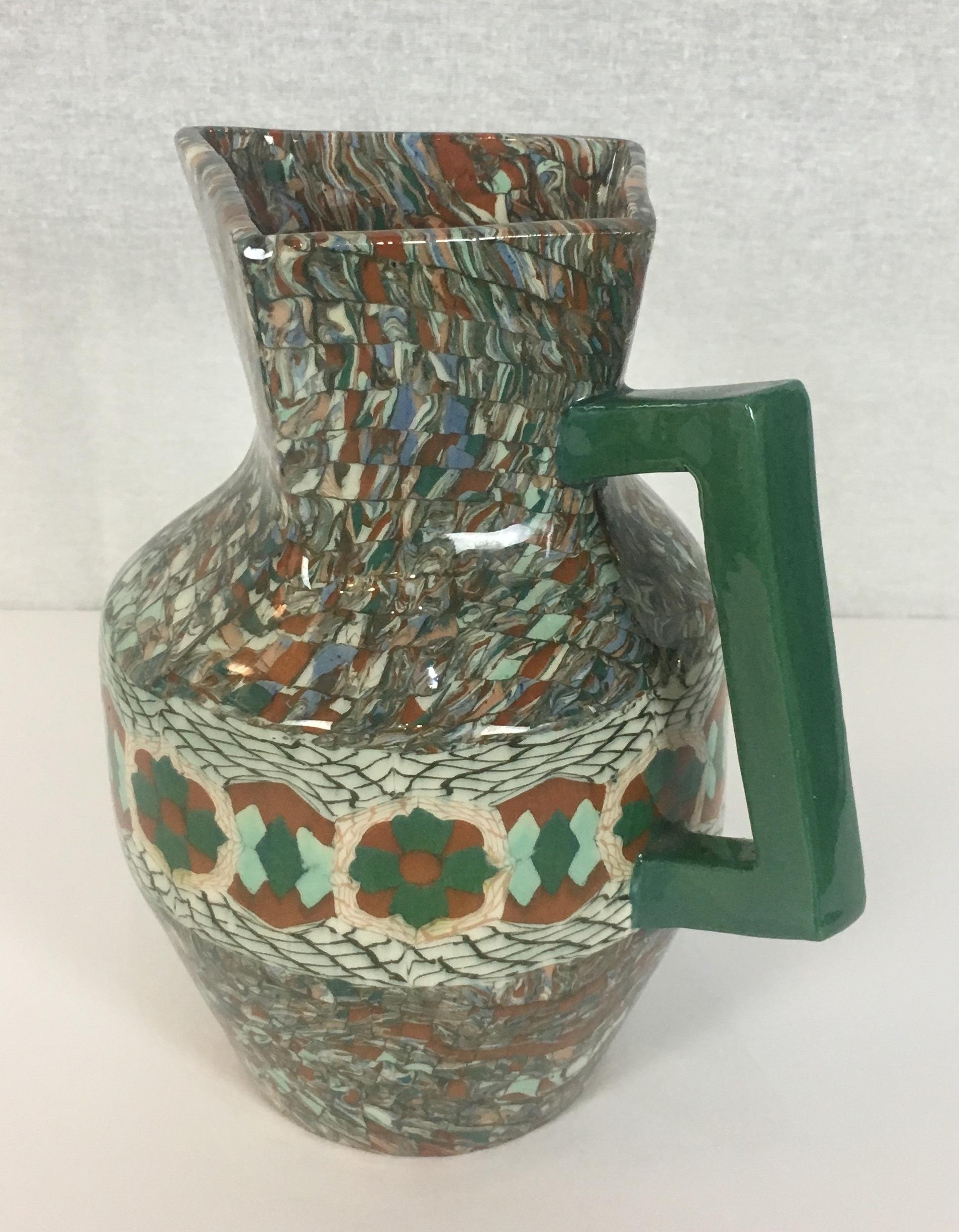 Glazed French Clay Mosaic Pitcher or Jug by Master Ceramicist Jean Gerbino