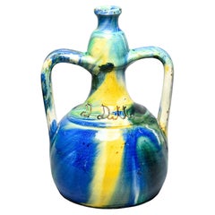 French Vallauris Double-Handled Ceramic Ewer, Signed D. Ditto