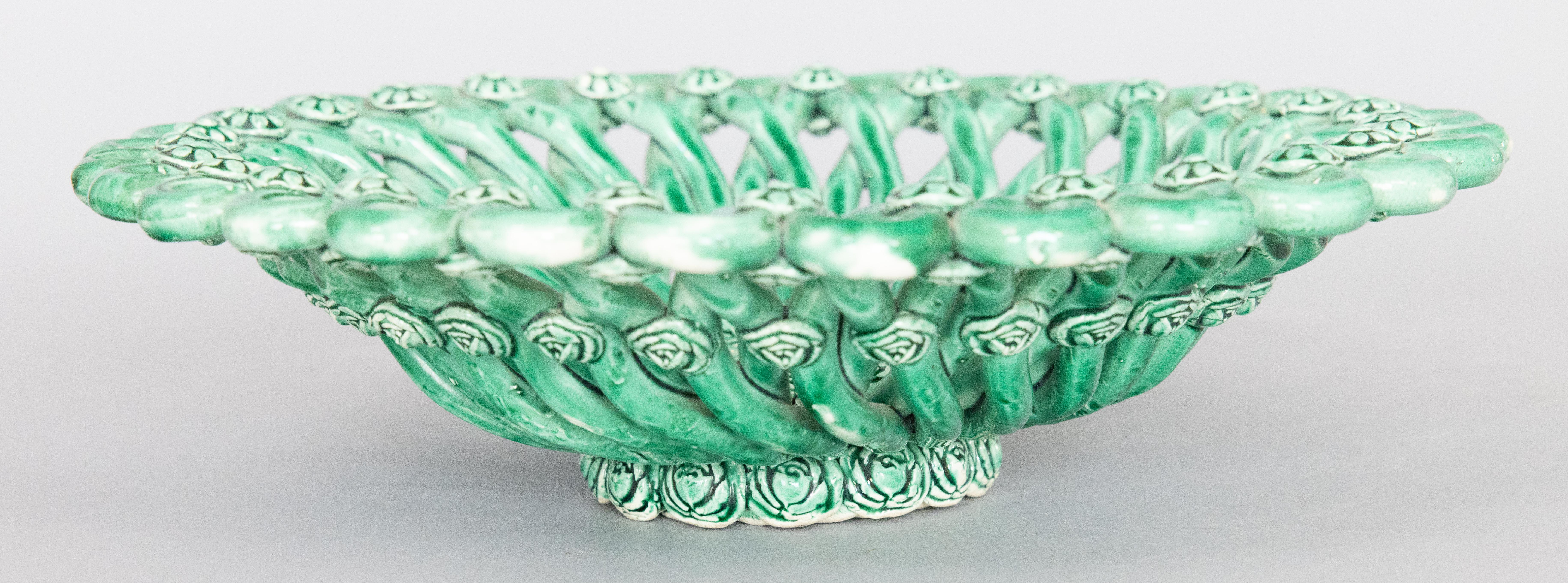 Mid-20th Century French Vallauris Majolica Emerald Green Reticulated Centerpiece Bowl, Circa 1940 For Sale