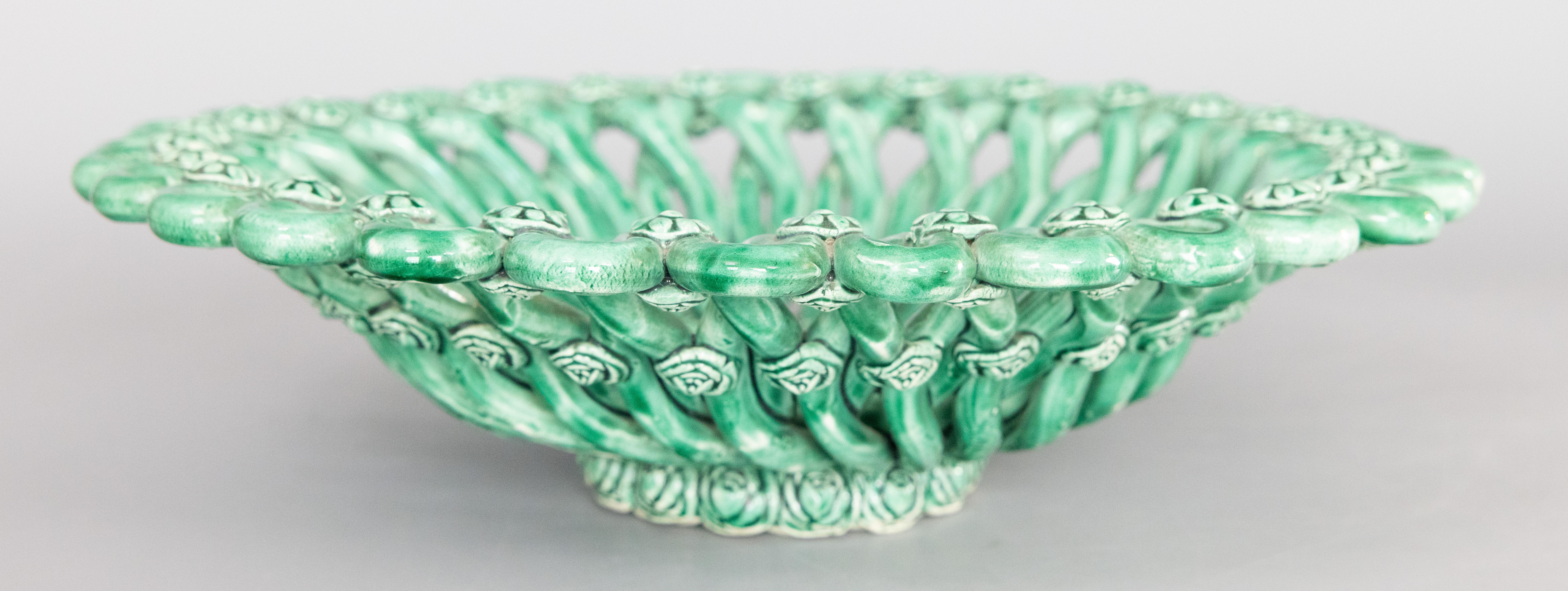 French Vallauris Majolica Emerald Green Reticulated Centerpiece Bowl, Circa 1940 For Sale 1