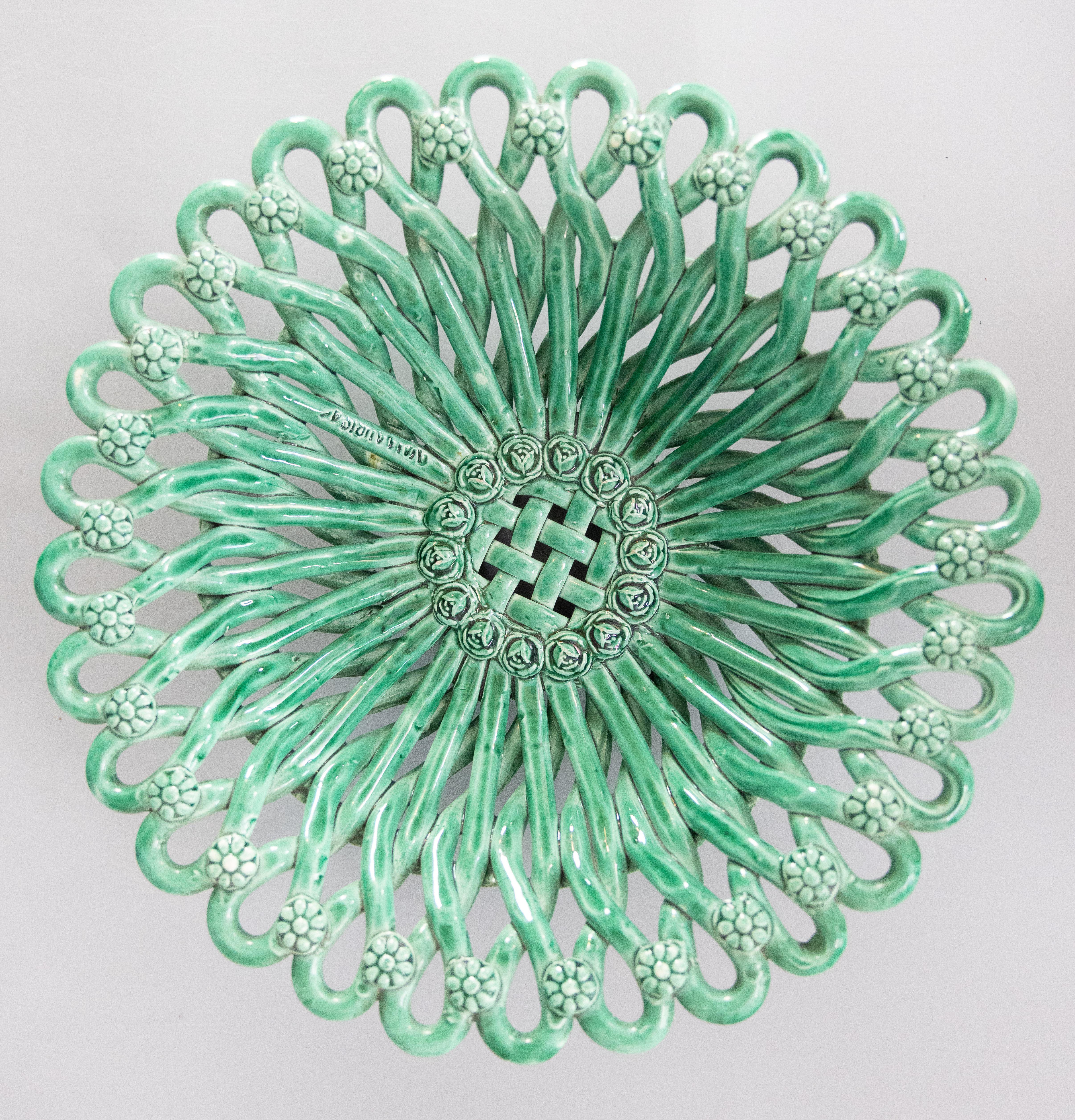 French Vallauris Majolica Emerald Green Reticulated Centerpiece Bowl, Circa 1940 For Sale 5