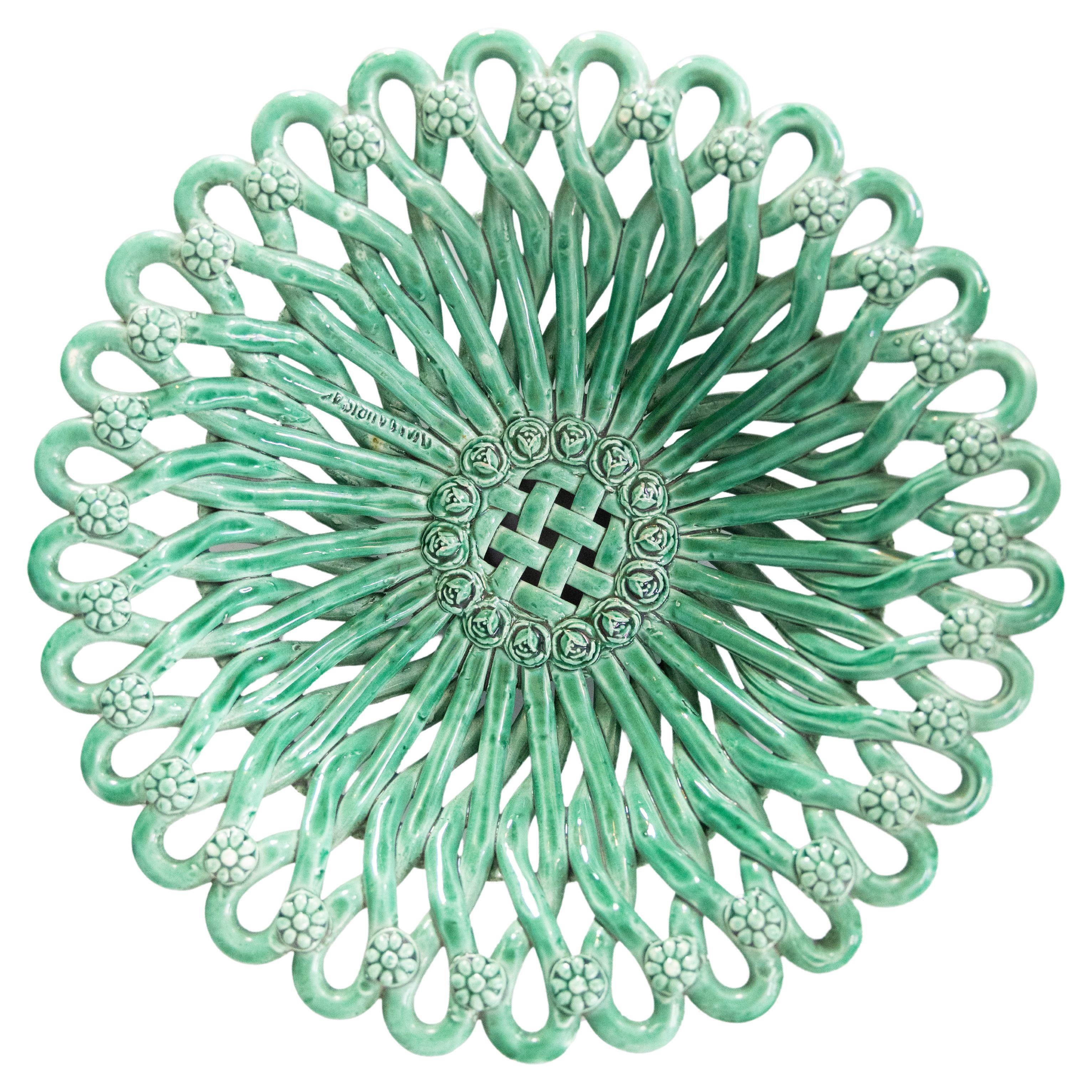 French Vallauris Majolica Emerald Green Reticulated Centerpiece Bowl, Circa 1940 For Sale