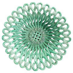 Vintage French Vallauris Majolica Emerald Green Reticulated Centerpiece Bowl, Circa 1940